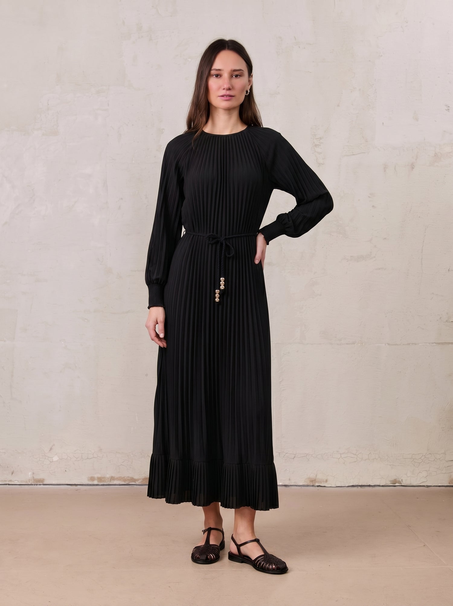 Micro Pleat Dress-Black