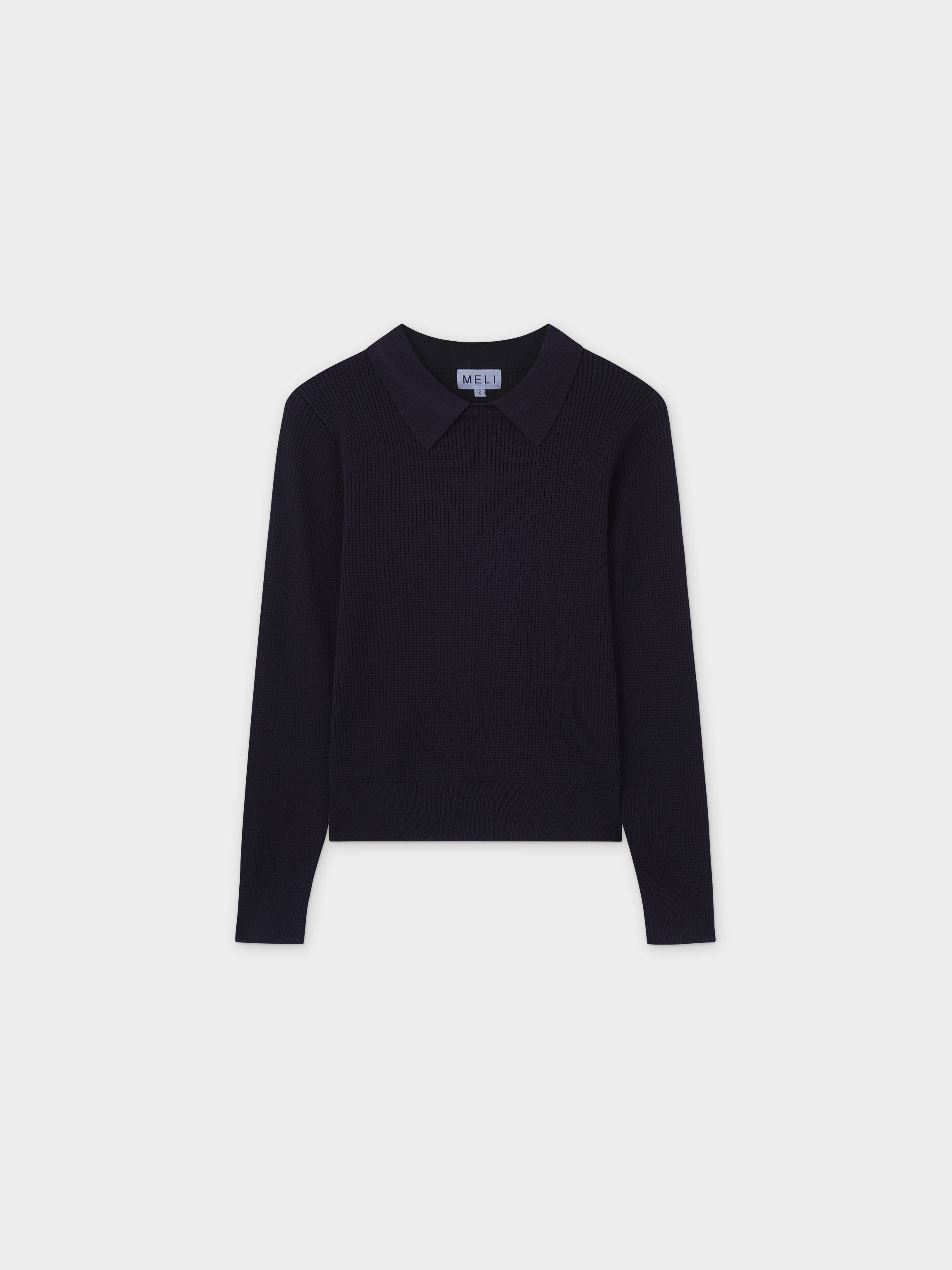 Waffle Collared Sweater-Black