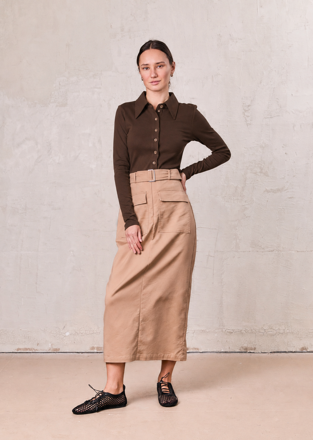 Ribbed Button Down Shirt-Brown