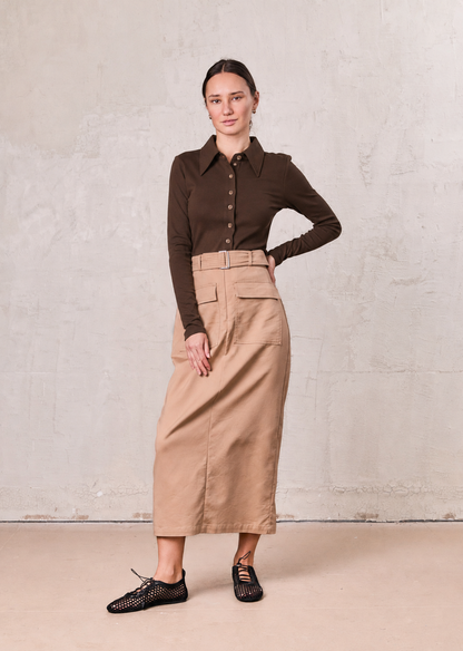 Ribbed Button Down Shirt-Brown