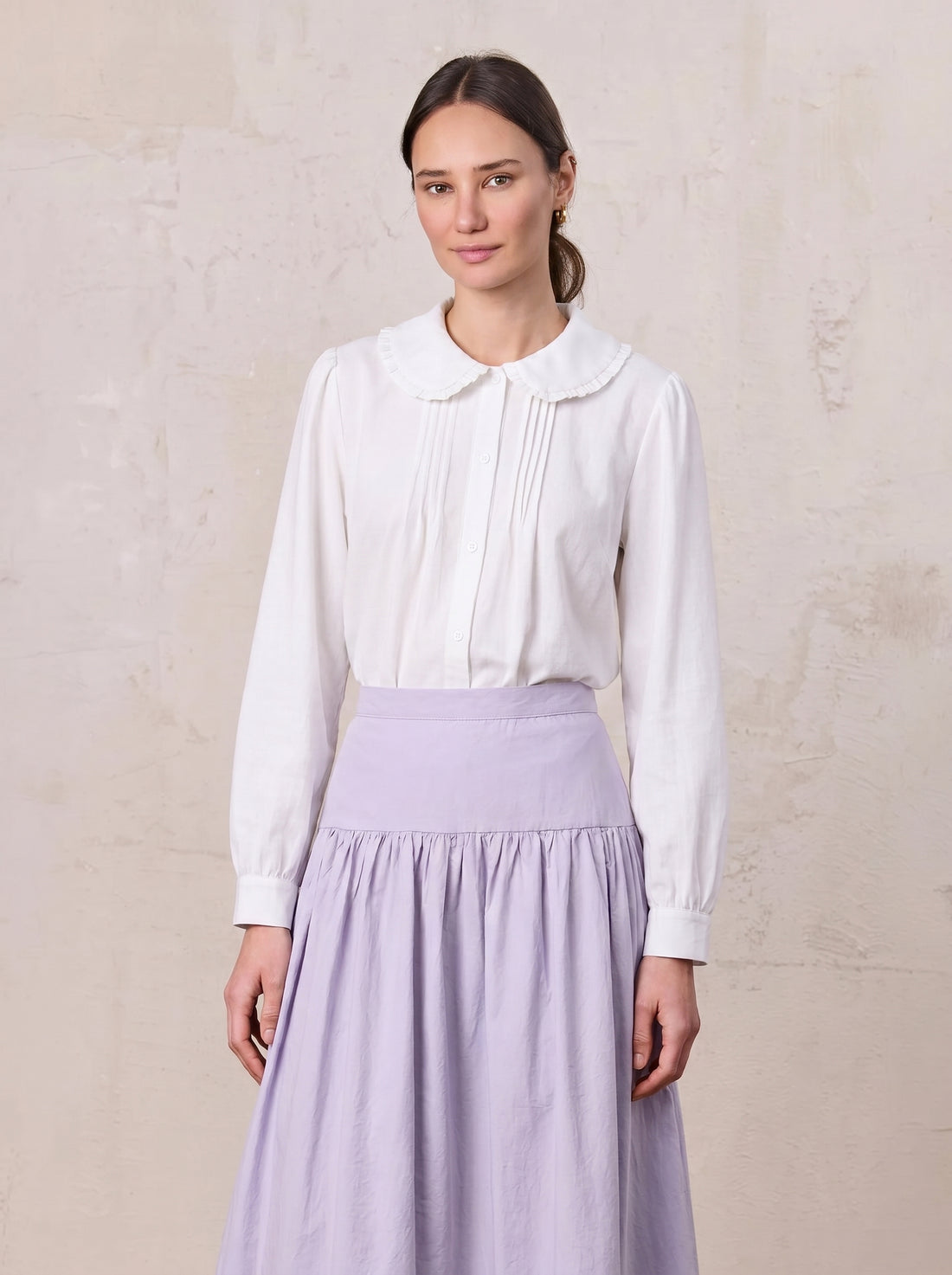 Ruffle Collar Pintuck Pleat Blouse-White