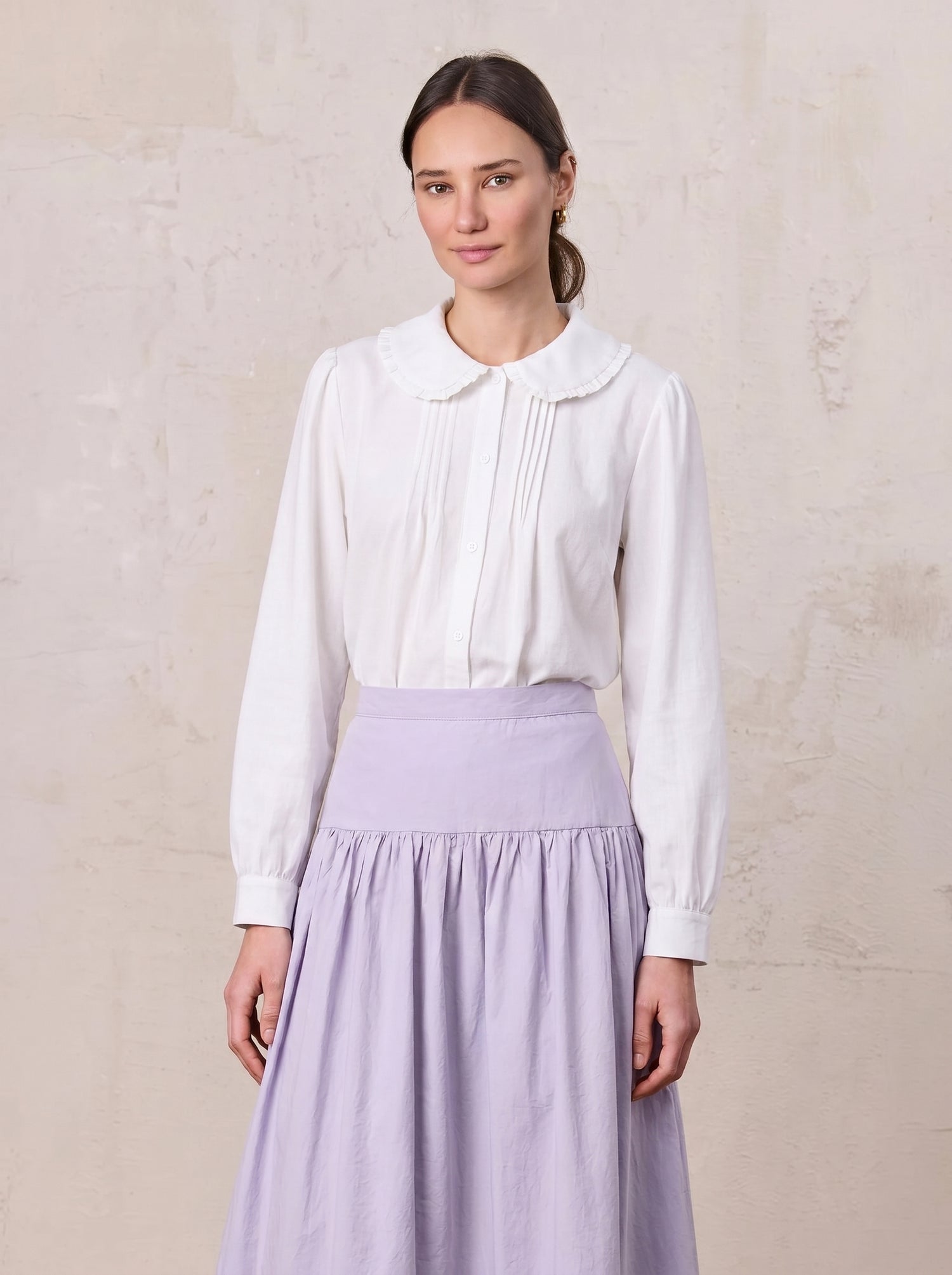 Ruffle Collar Pintuck Pleat Blouse-White