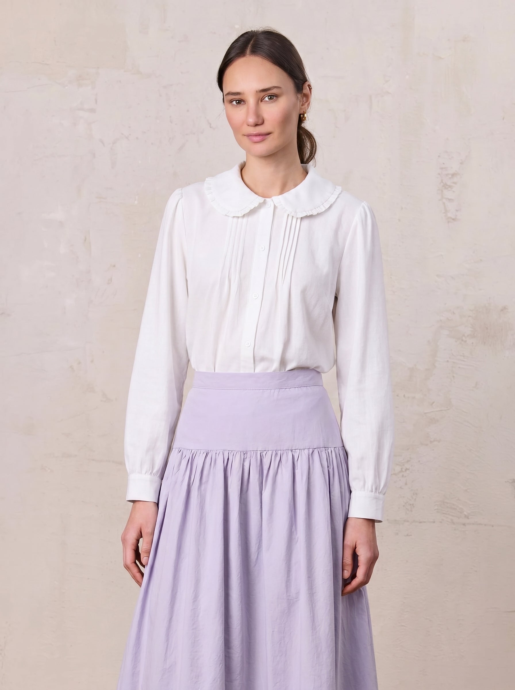 Ruffle Collar Pintuck Pleat Blouse-White