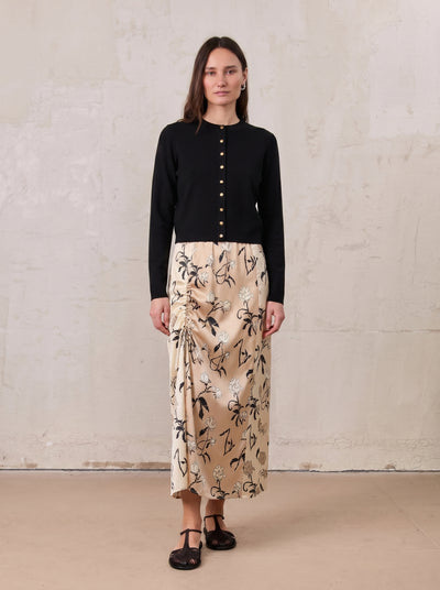 Side Shirred Skirt-Tan Floral