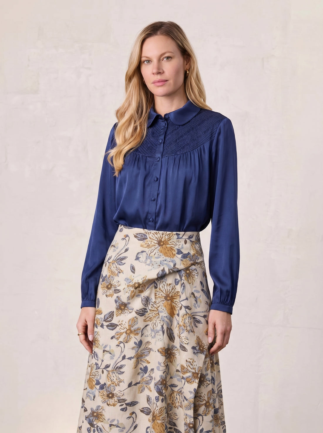 Faux Satin Micro Stitch Blouse-Navy