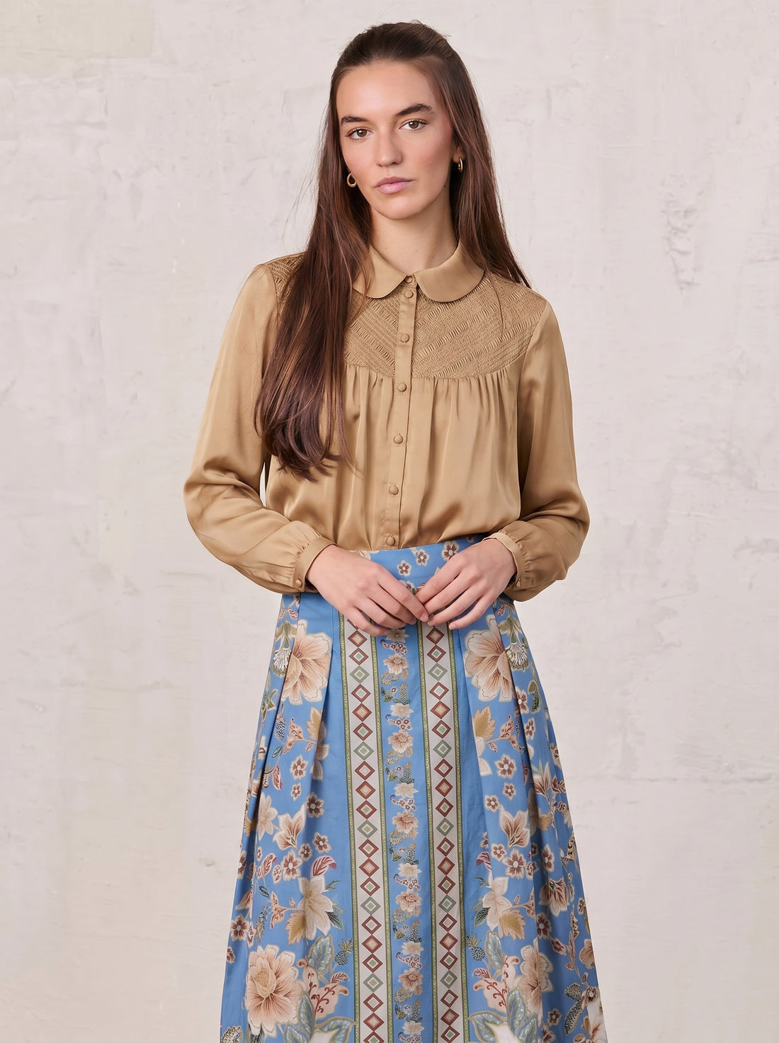 Faux Satin Micro Stitch Blouse-Gold