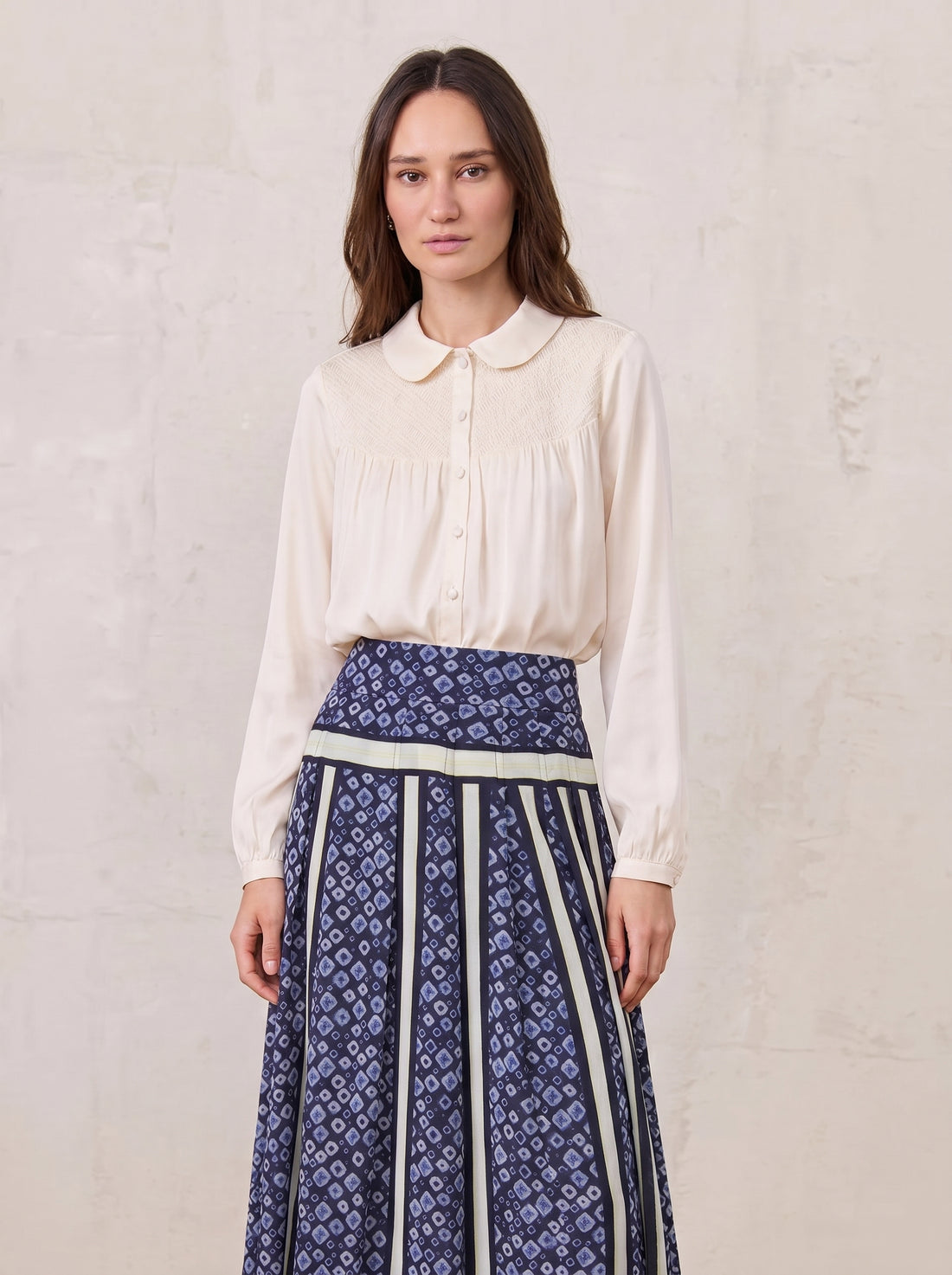 Faux Satin Micro Stitch Blouse-Cream