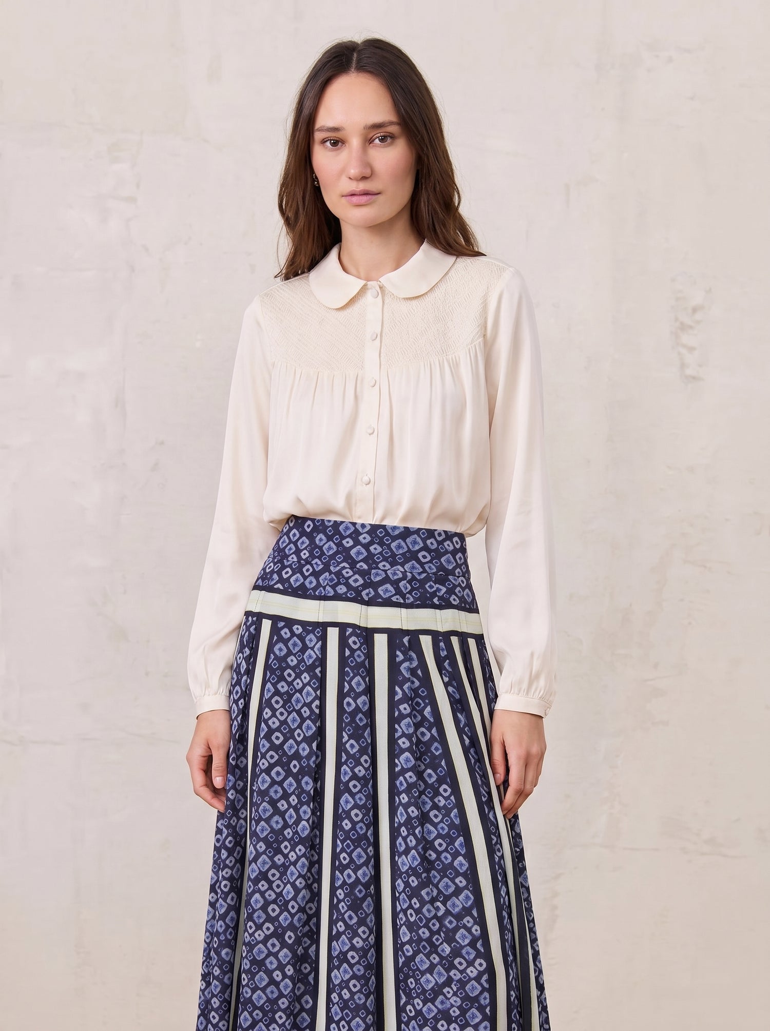 Faux Satin Micro Stitch Blouse-Cream