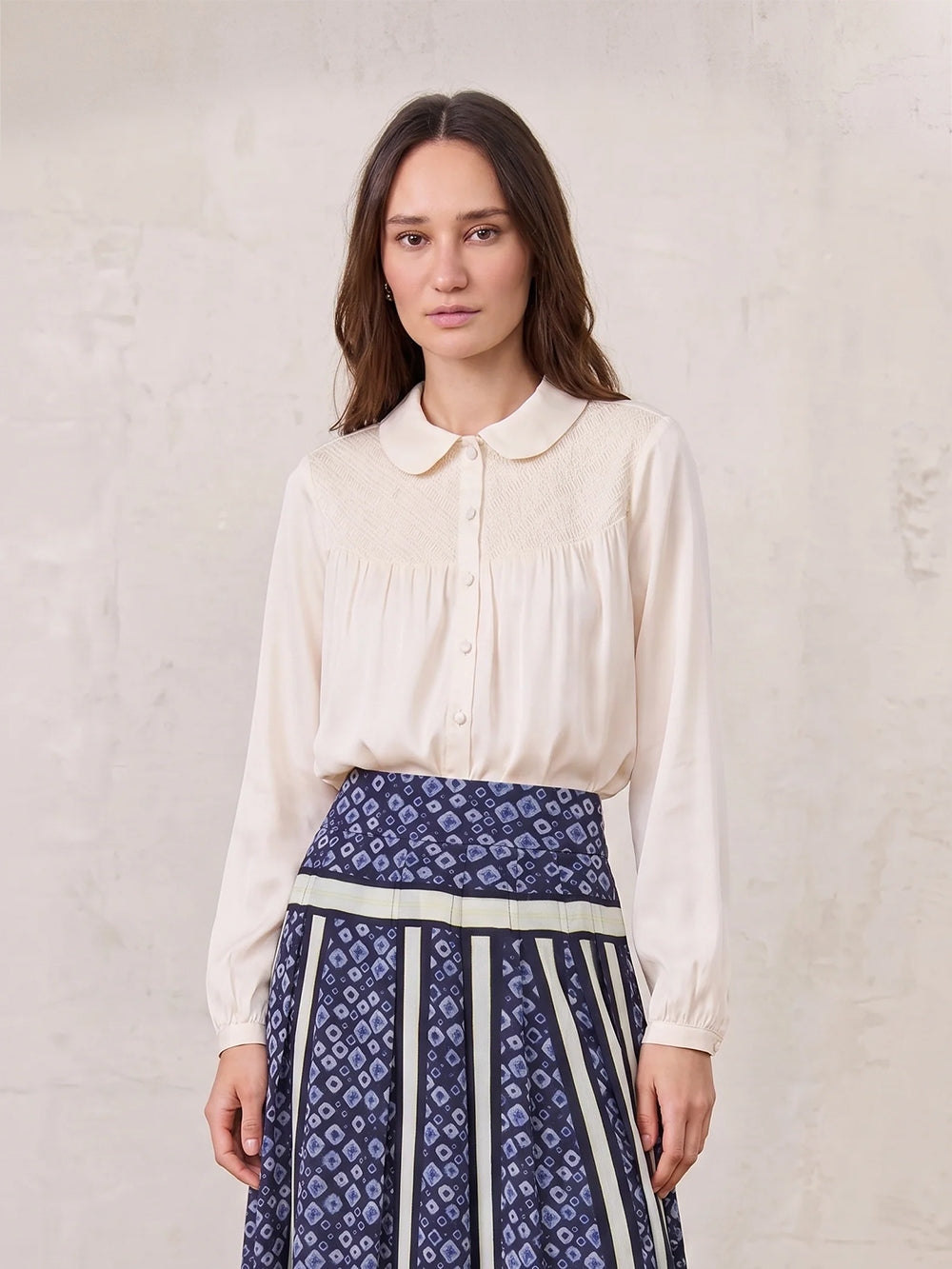 Faux Satin Micro Stitch Blouse-Cream