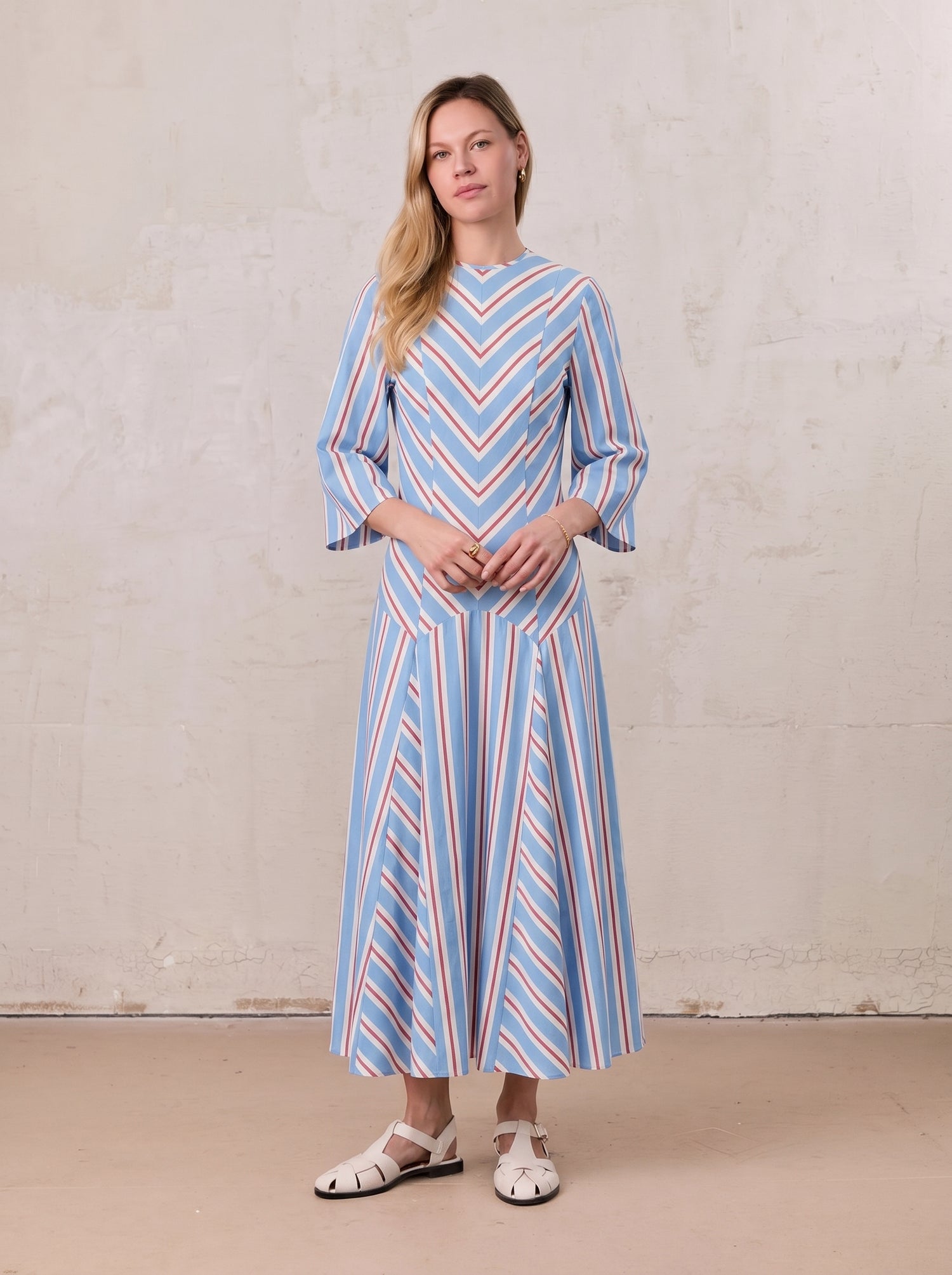 Striped Flare Sleeve Dress-Light Blue/White