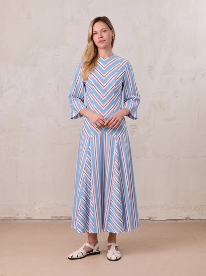 Striped Flare Sleeve Dress-Light Blue/White