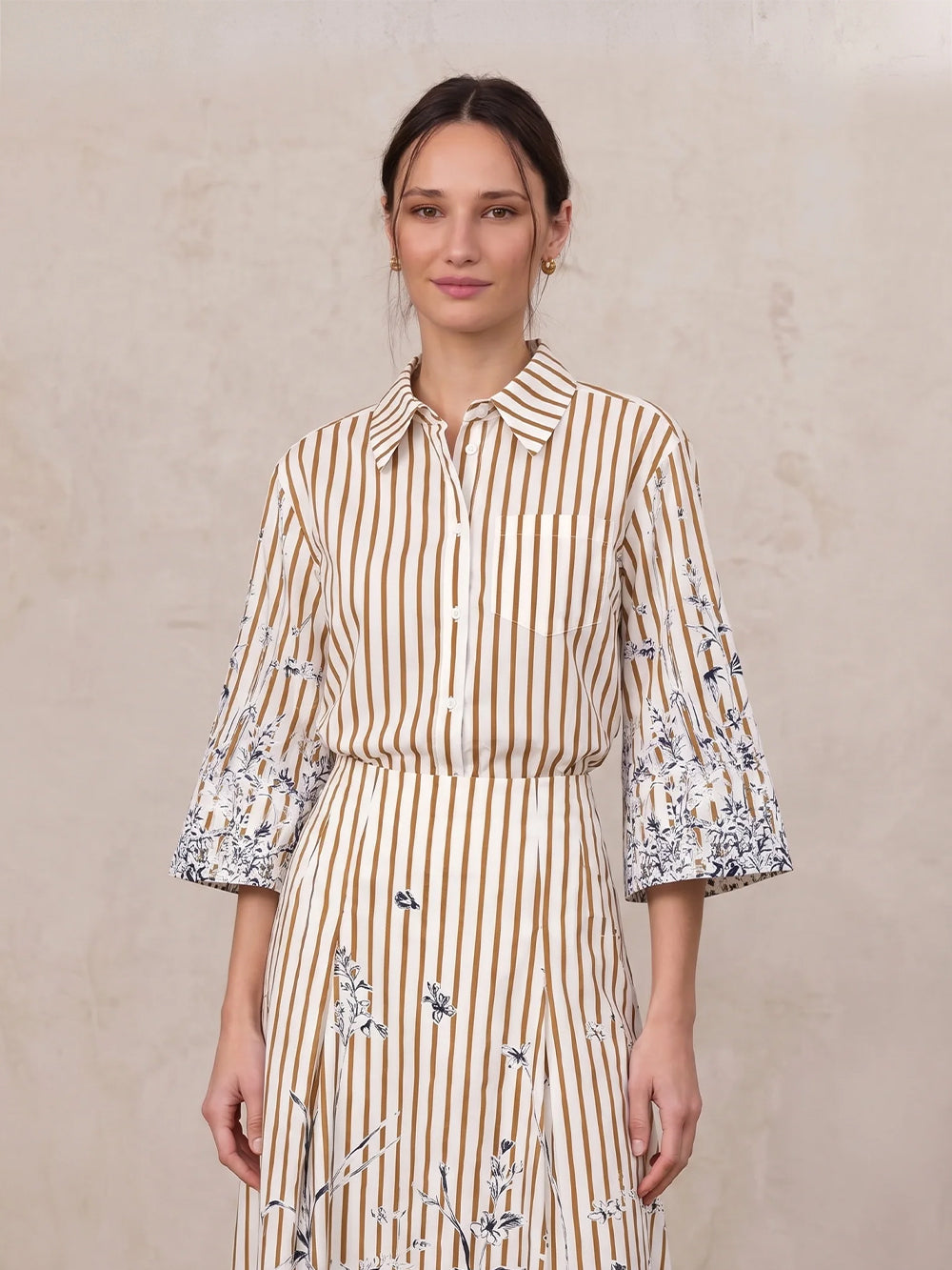 3/4 Sleeve Printed Blouse-Cream/Brown Stripe
