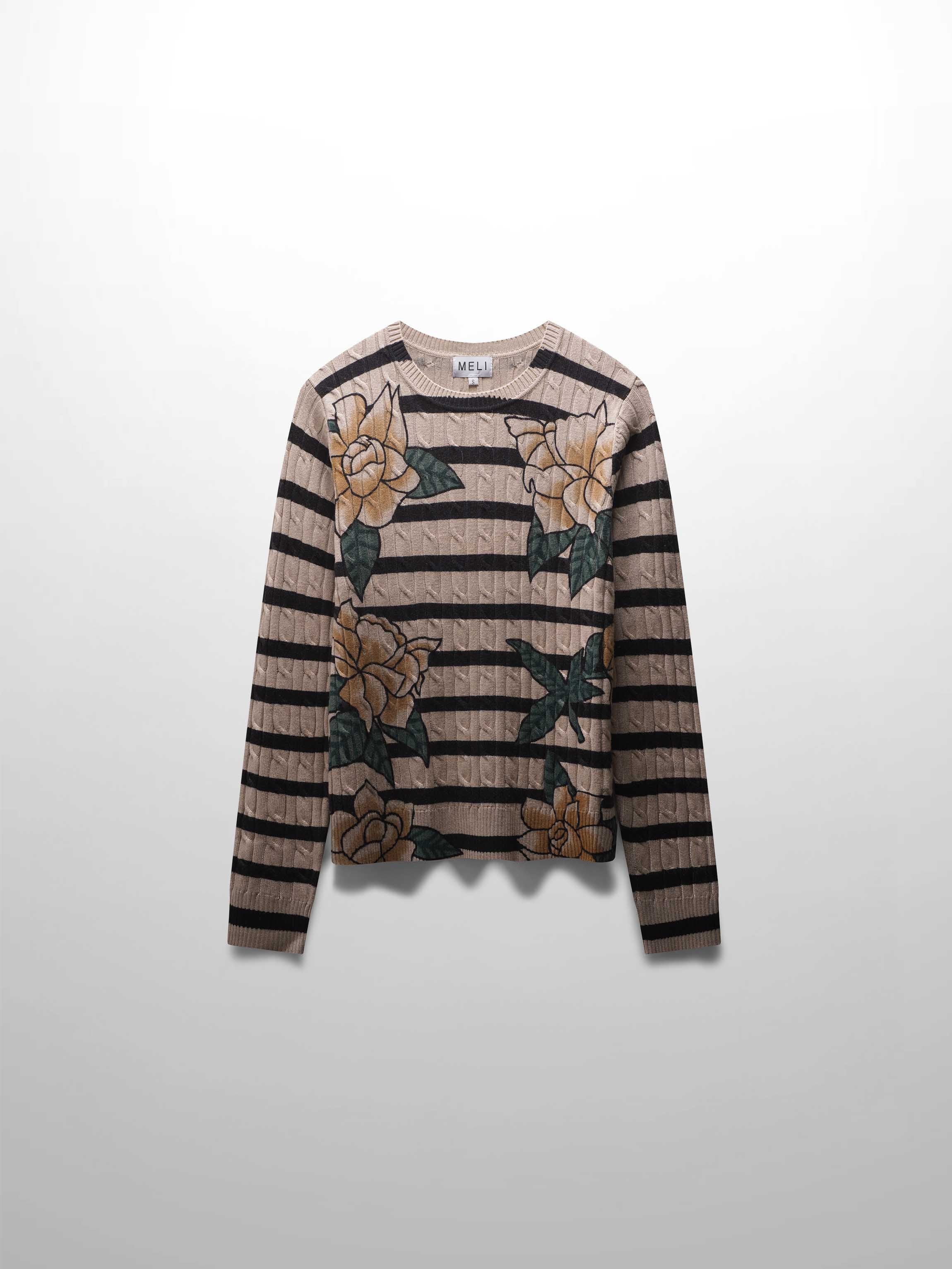 Printed Cable Knit Sweater-Striped Floral