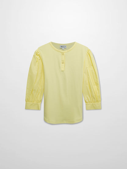 Puff Sleeve Ribbed T-Shirt-Pale Yellow