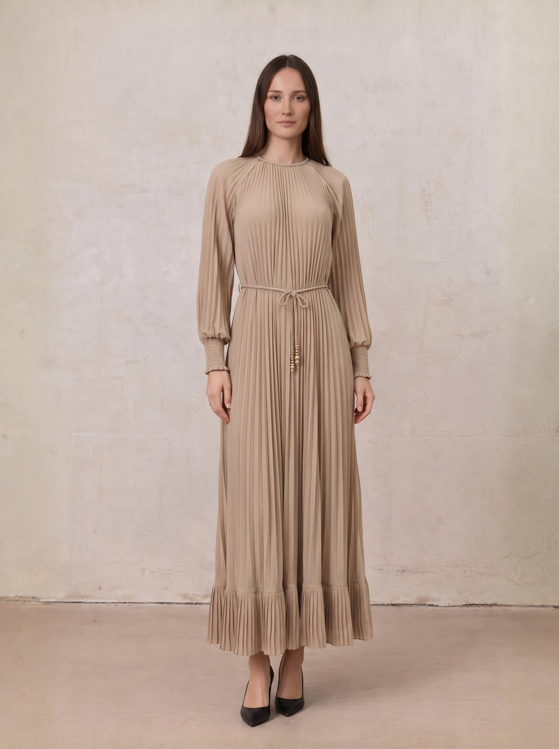 Micro Pleat Dress-Tan