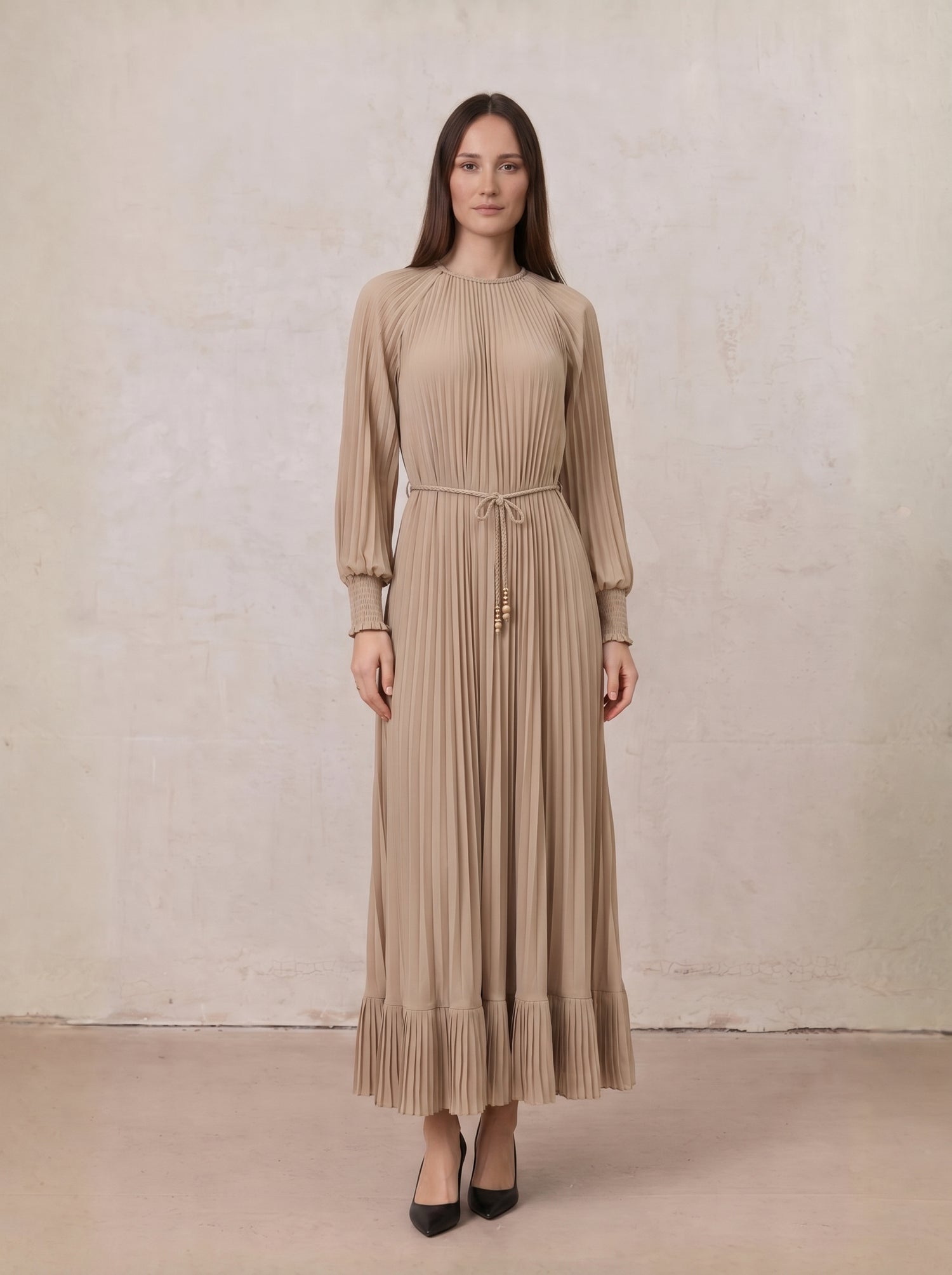 Micro Pleat Dress-Tan