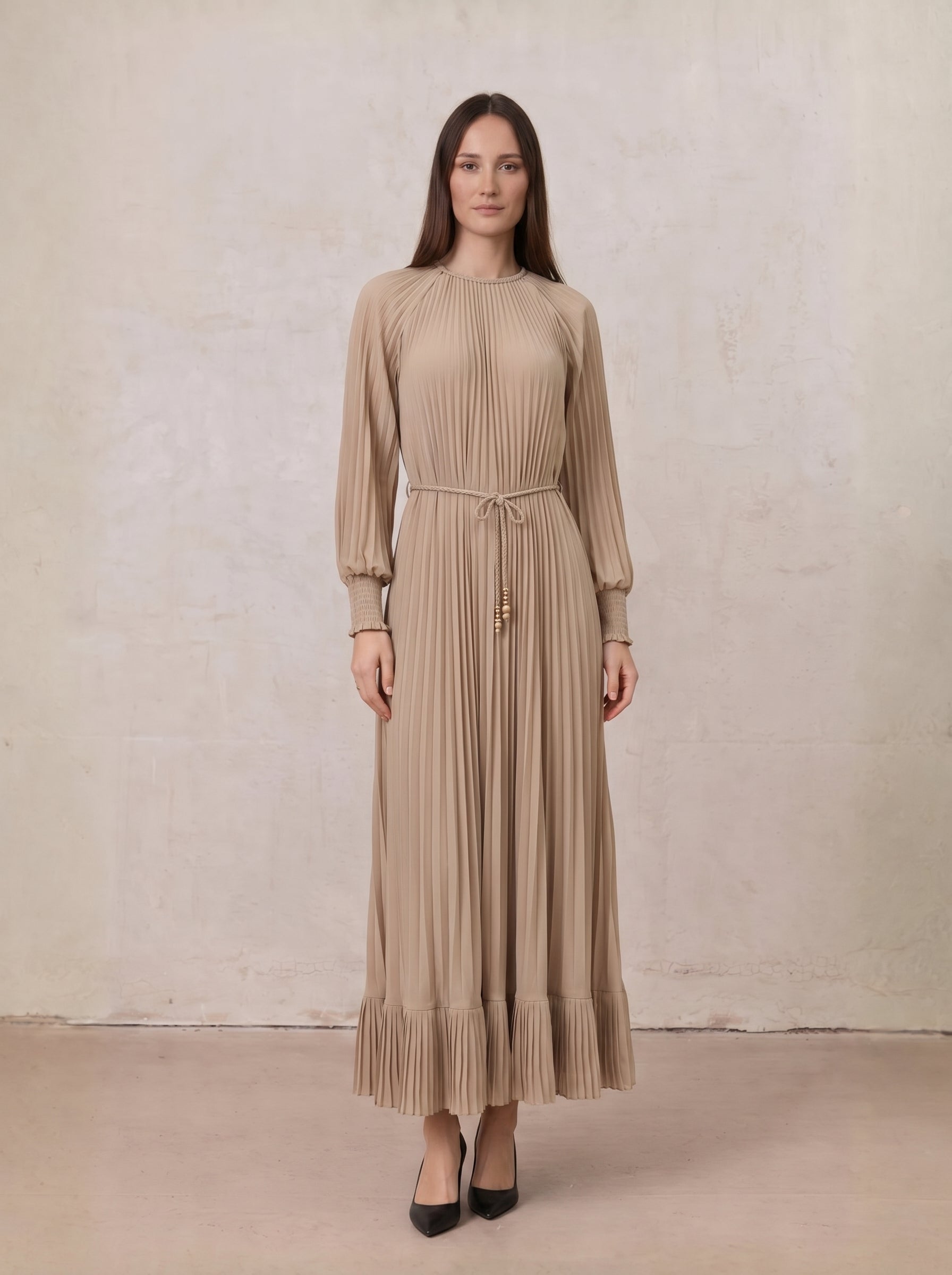 Micro Pleat Dress-Tan