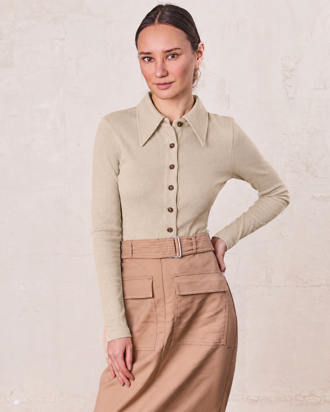 Meli Women's Ribbed Button Down Shirt Long Sleeve Knit Top - Size M