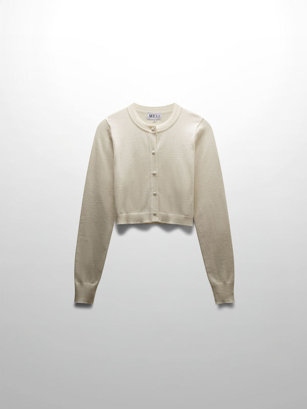 Trim Detail Crew Crop Cardigan-Cream