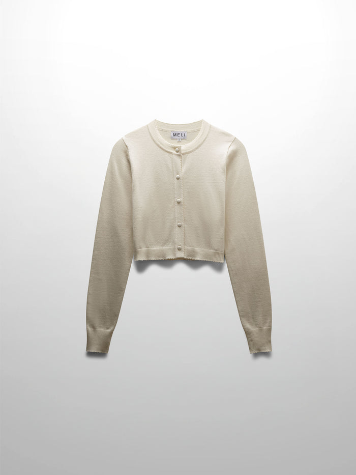 Trim Detail Crew Crop Cardigan-Cream
