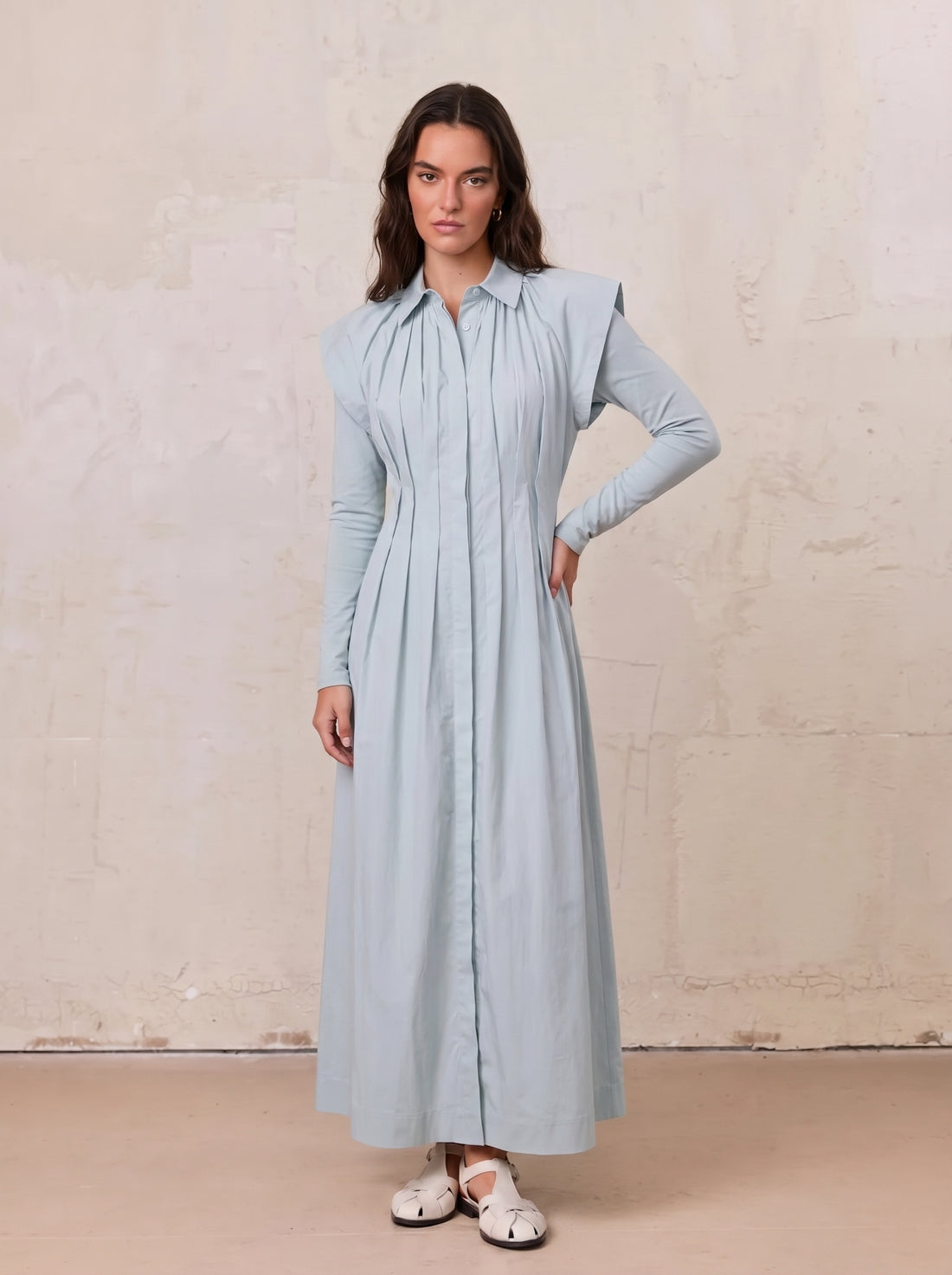 Pleat Front Button Down Dress-Light Blue