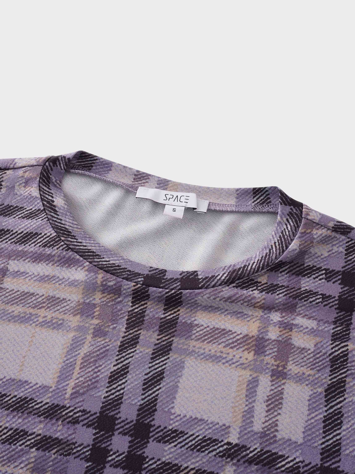 Stretch Printed Crew Top-Lavender Plaid