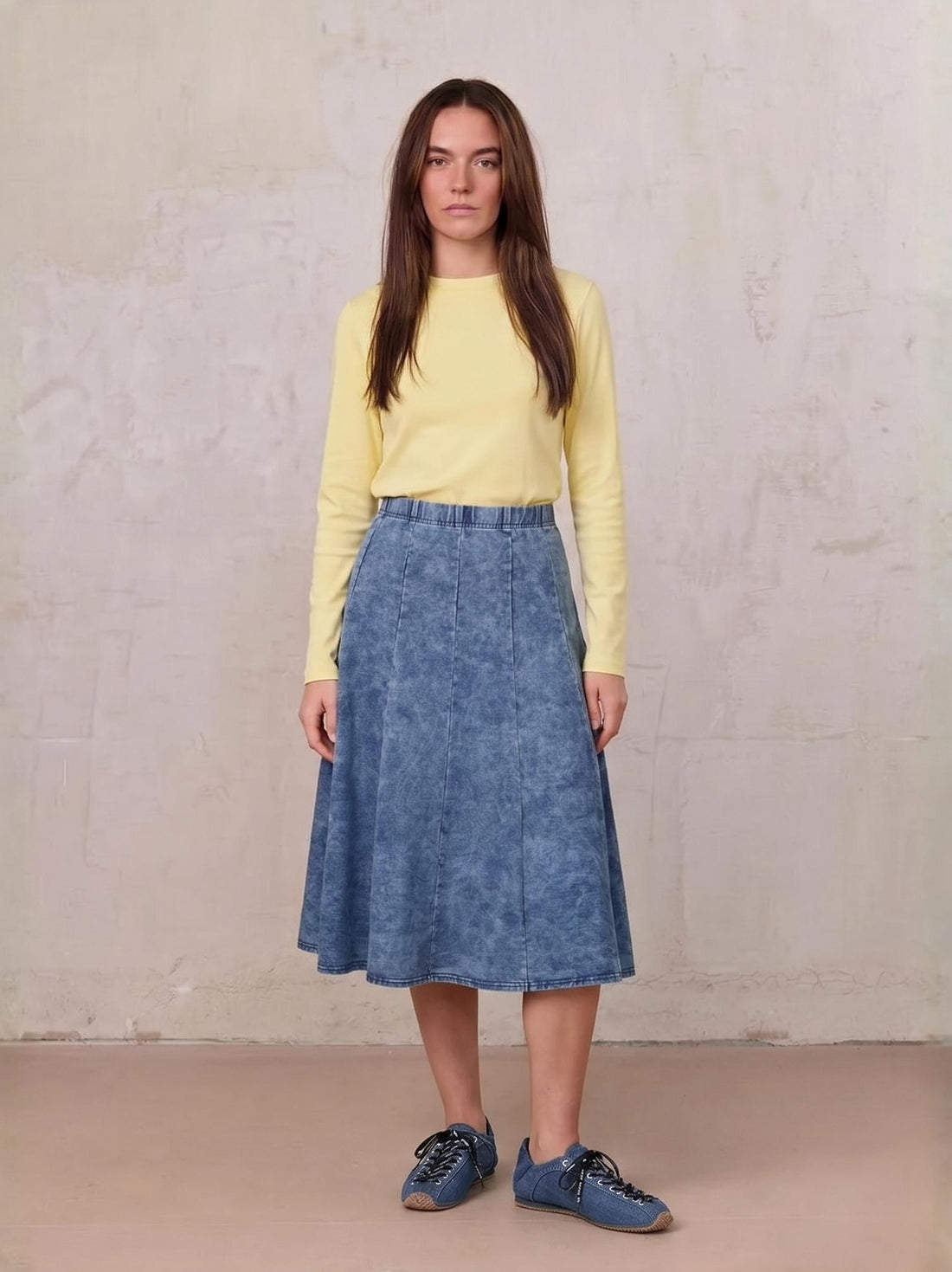 Paneled Flare Skirt 25"-Light Blue Wash
