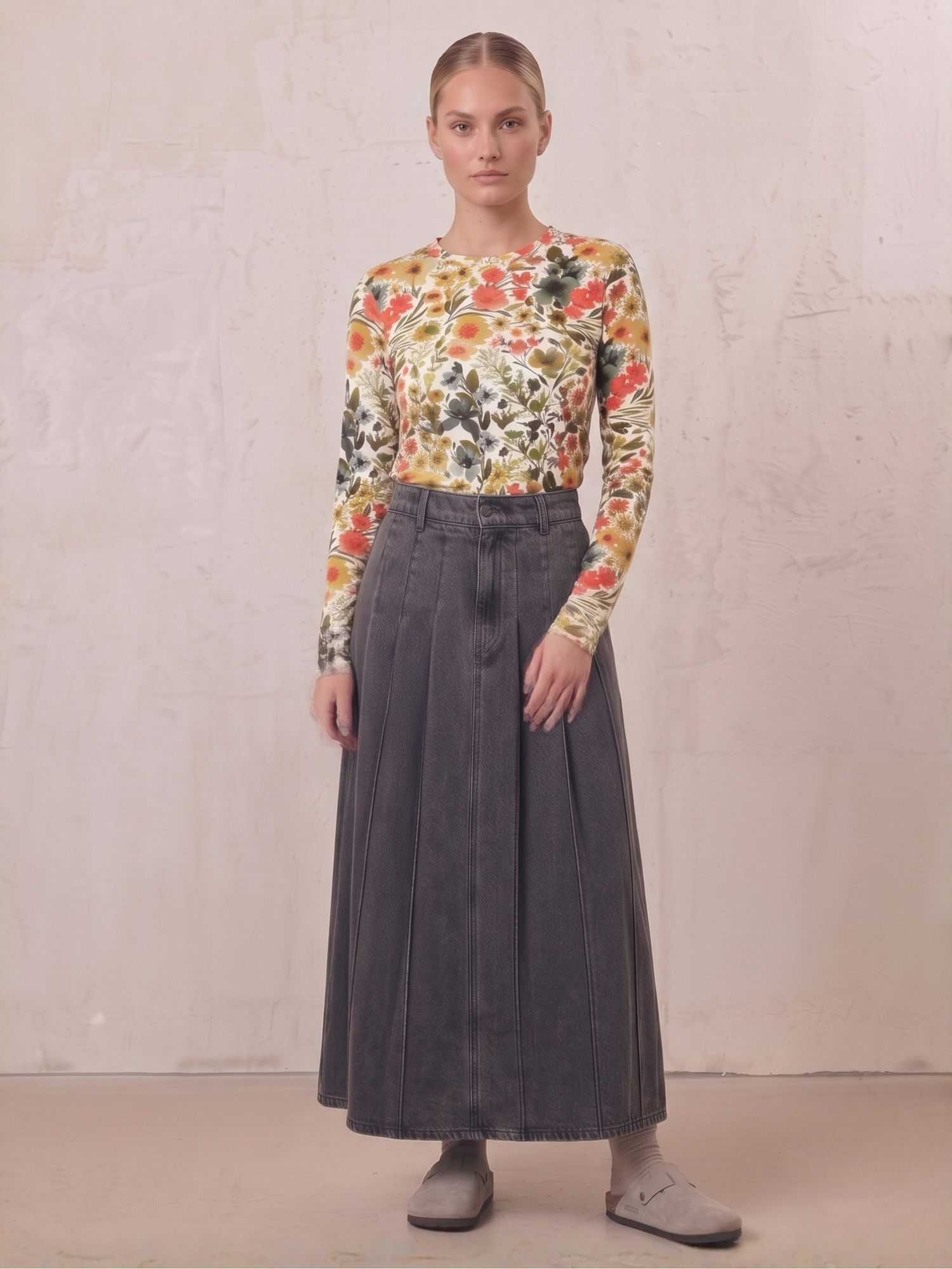 Stitched Pleated Denim Skirt-Grey