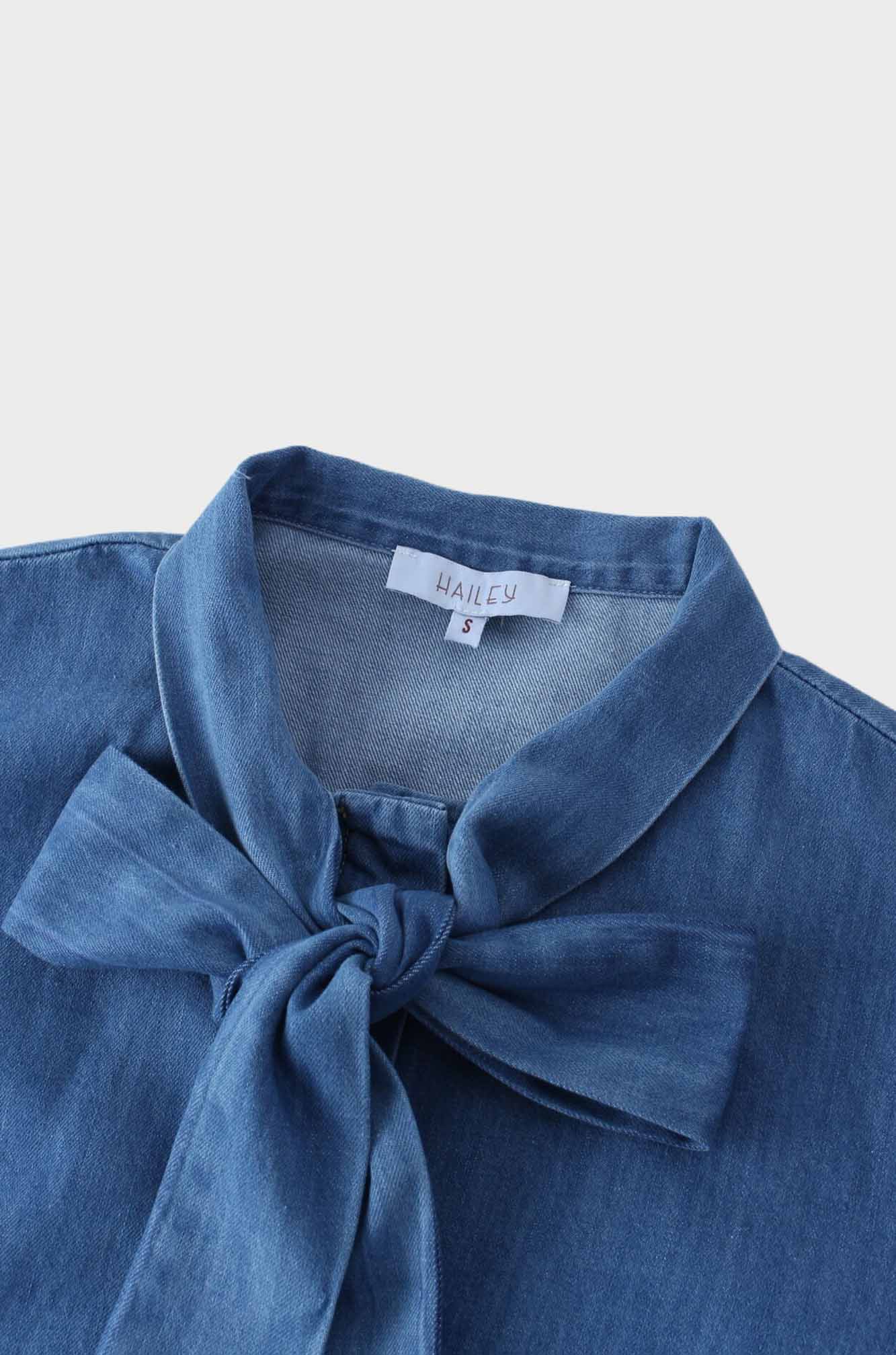 Denim Tie Blouse-Blue