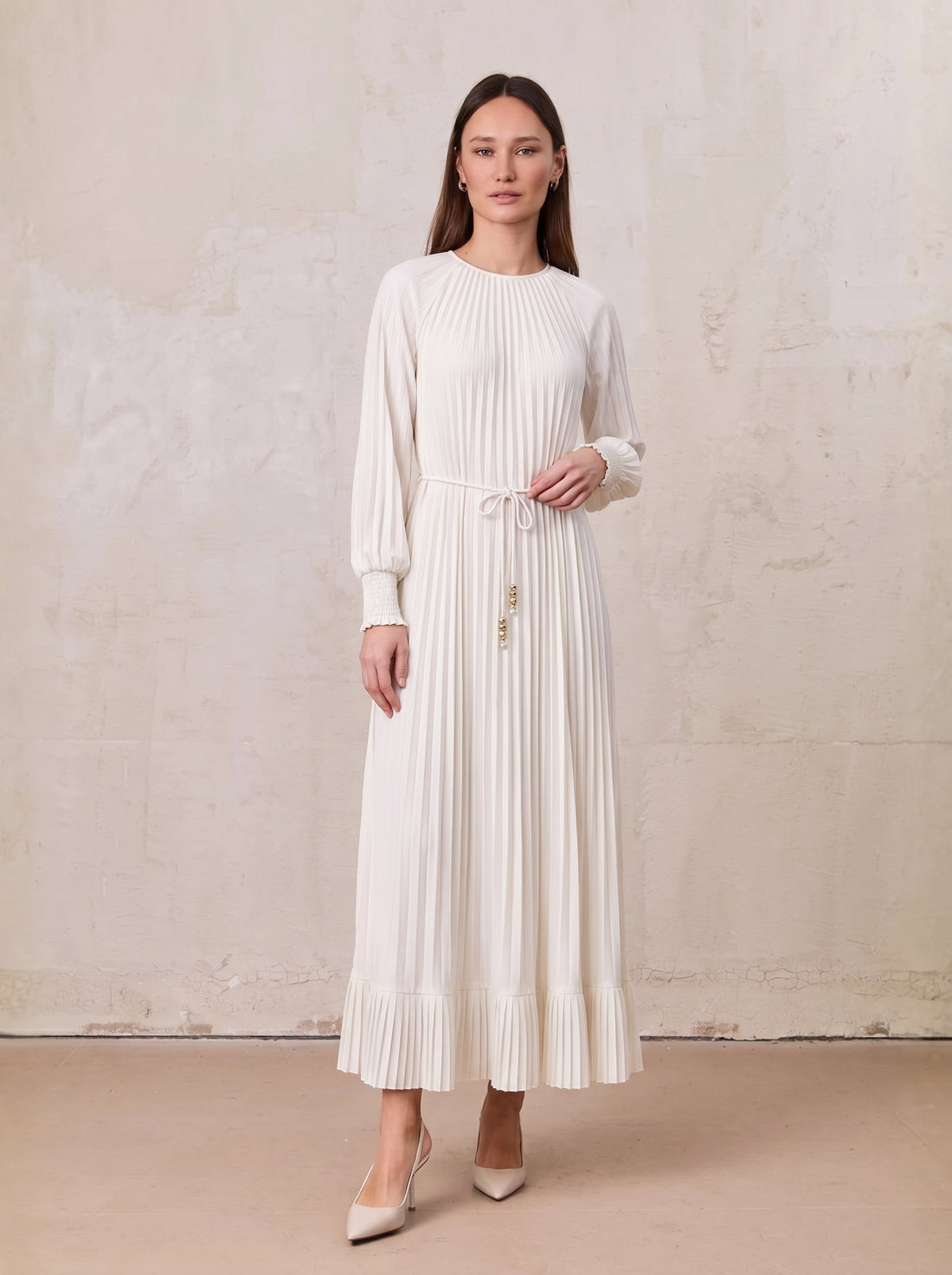 Micro Pleat Dress-White