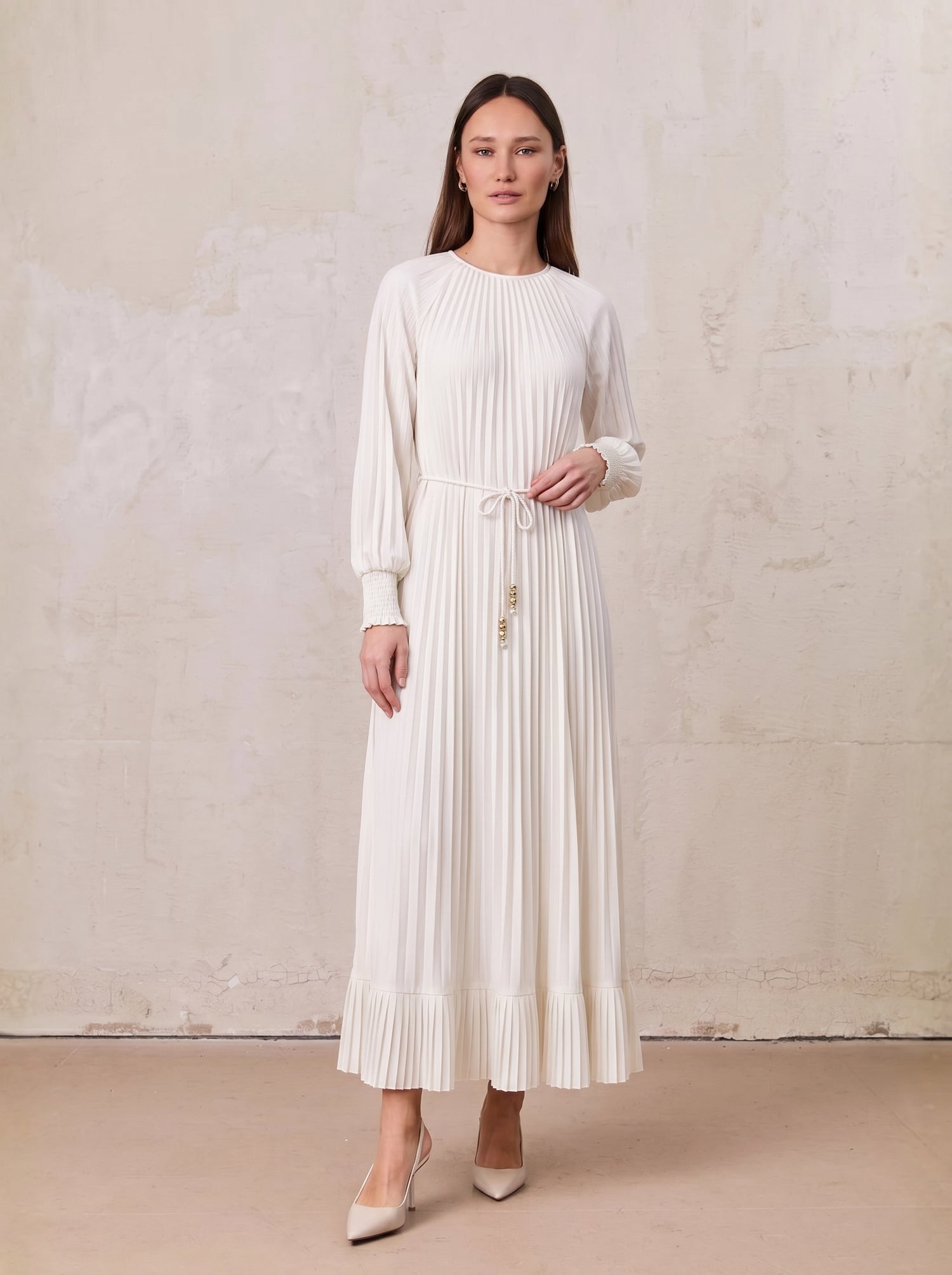 Micro Pleat Dress-White