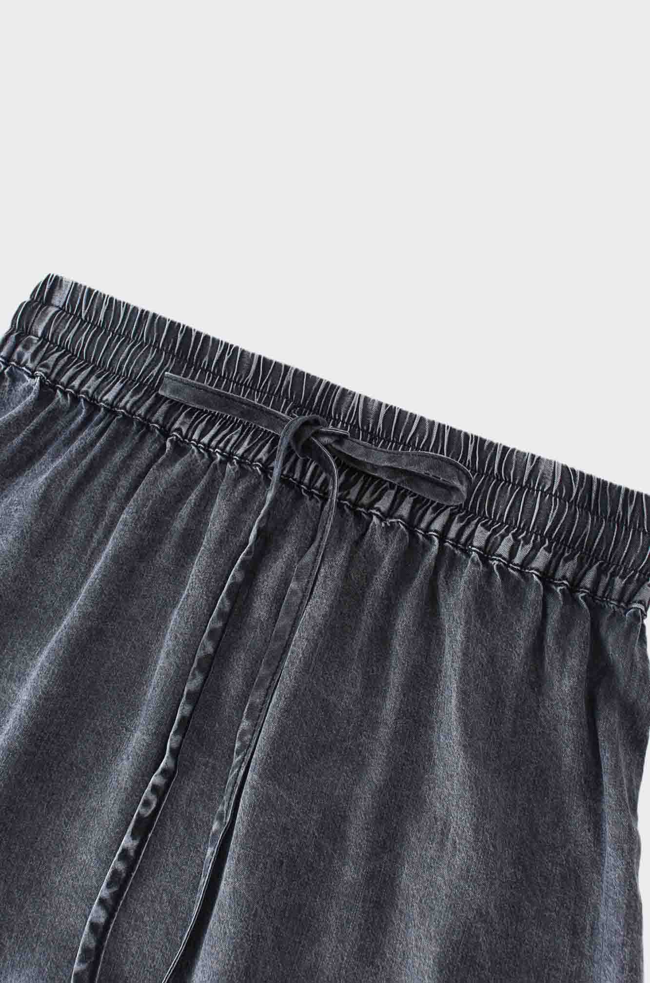 Washed Drawstring Denim Skirt-Black