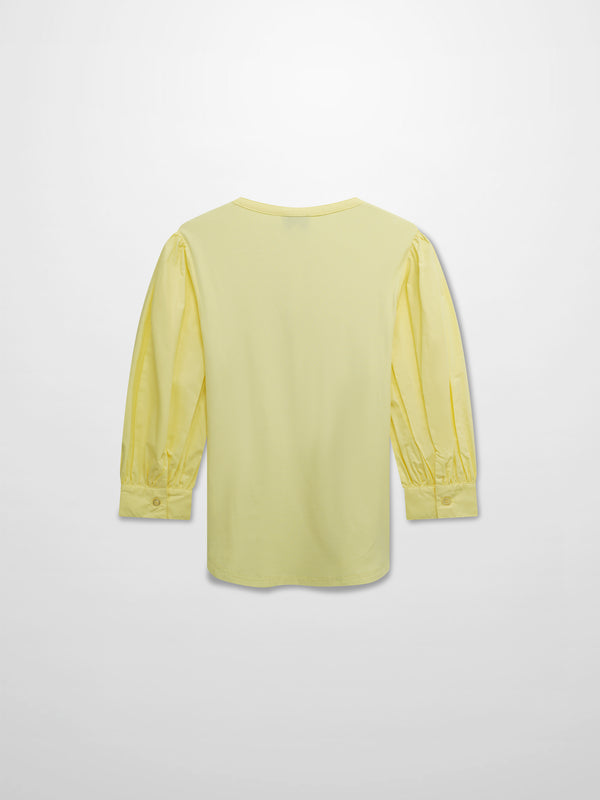 Puff Sleeve Ribbed T-Shirt-Pale Yellow
