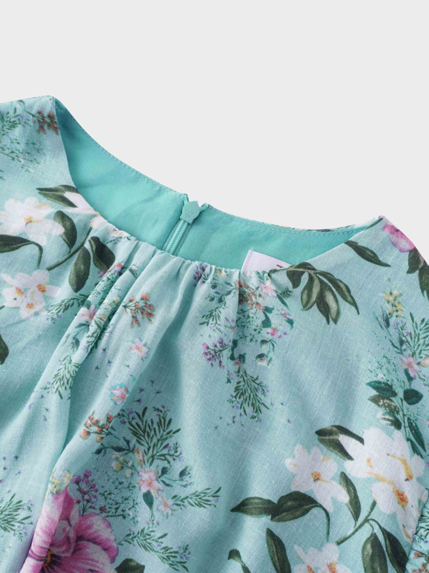 Ruched Puff Sleeve Dress-Aqua Floral