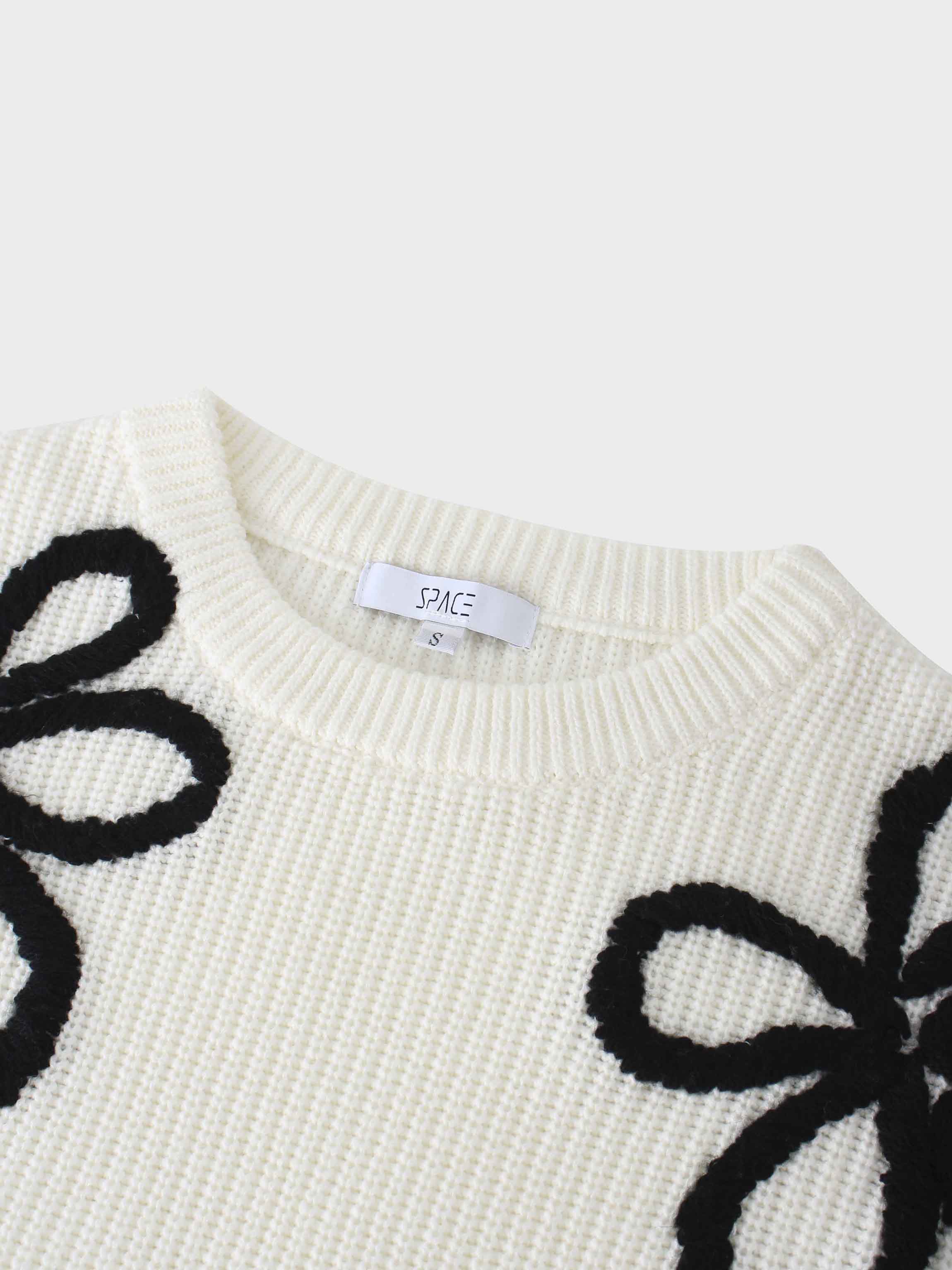 Flower Ribbon Sweater-Cream/Black