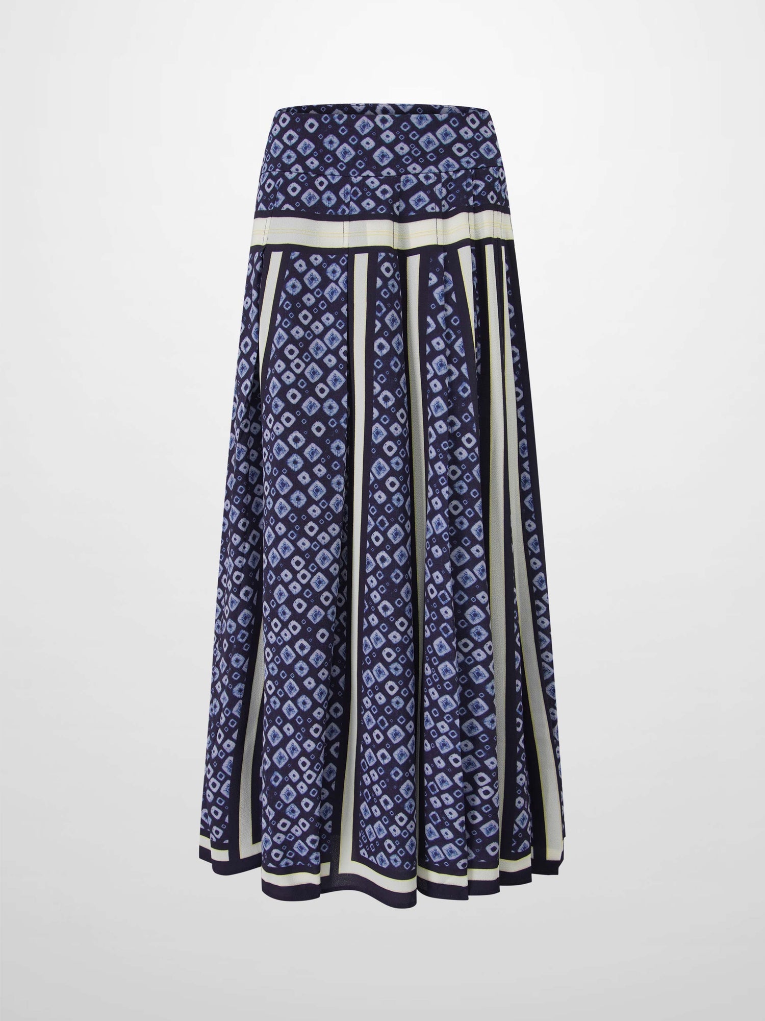 Print Yoke Pleated Skirt-Blue Geometric