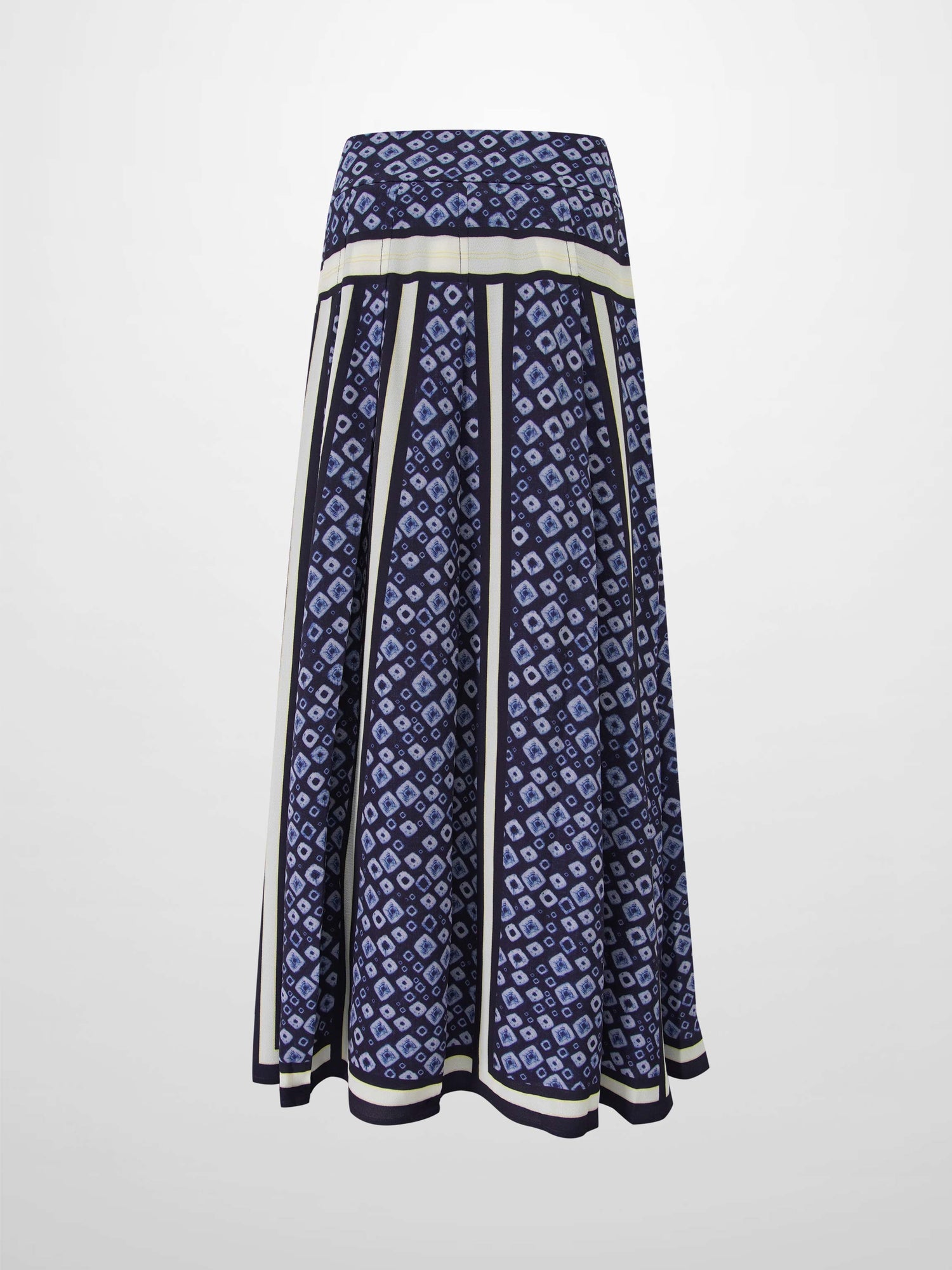 Print Yoke Pleated Skirt-Blue Geometric