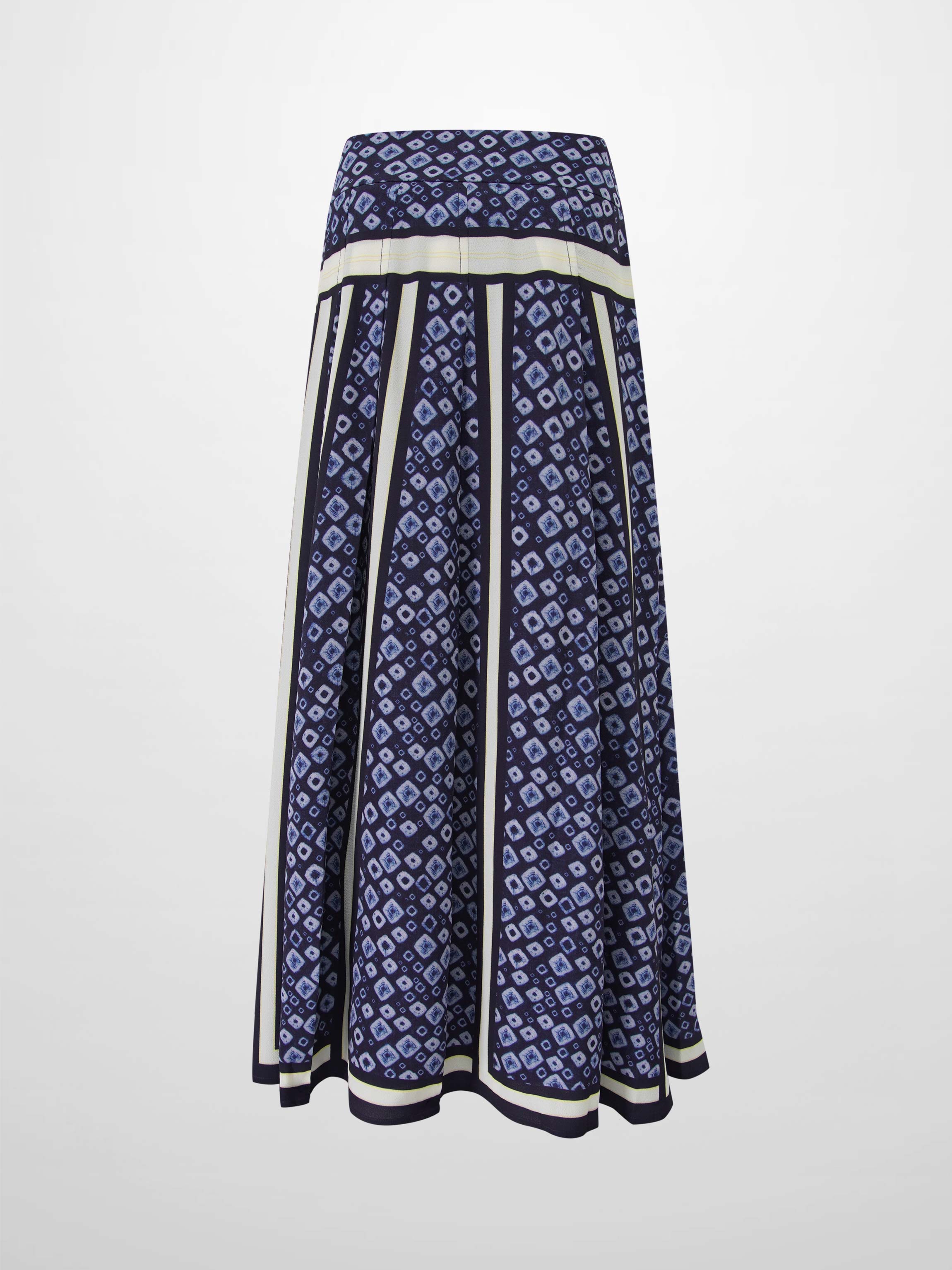 Print Yoke Pleated Skirt-Blue Geometric