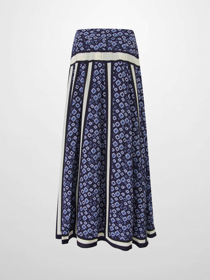 Print Yoke Pleated Skirt-Blue Geometric