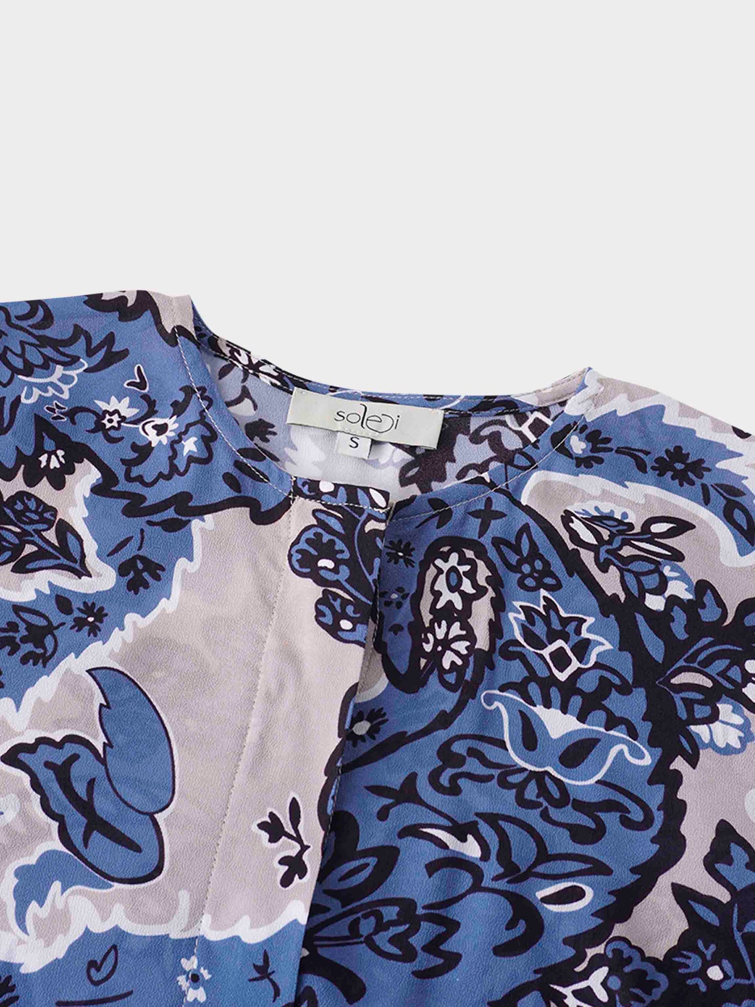 Collarless Button Down Blouse-Blue/Taupe Paisley