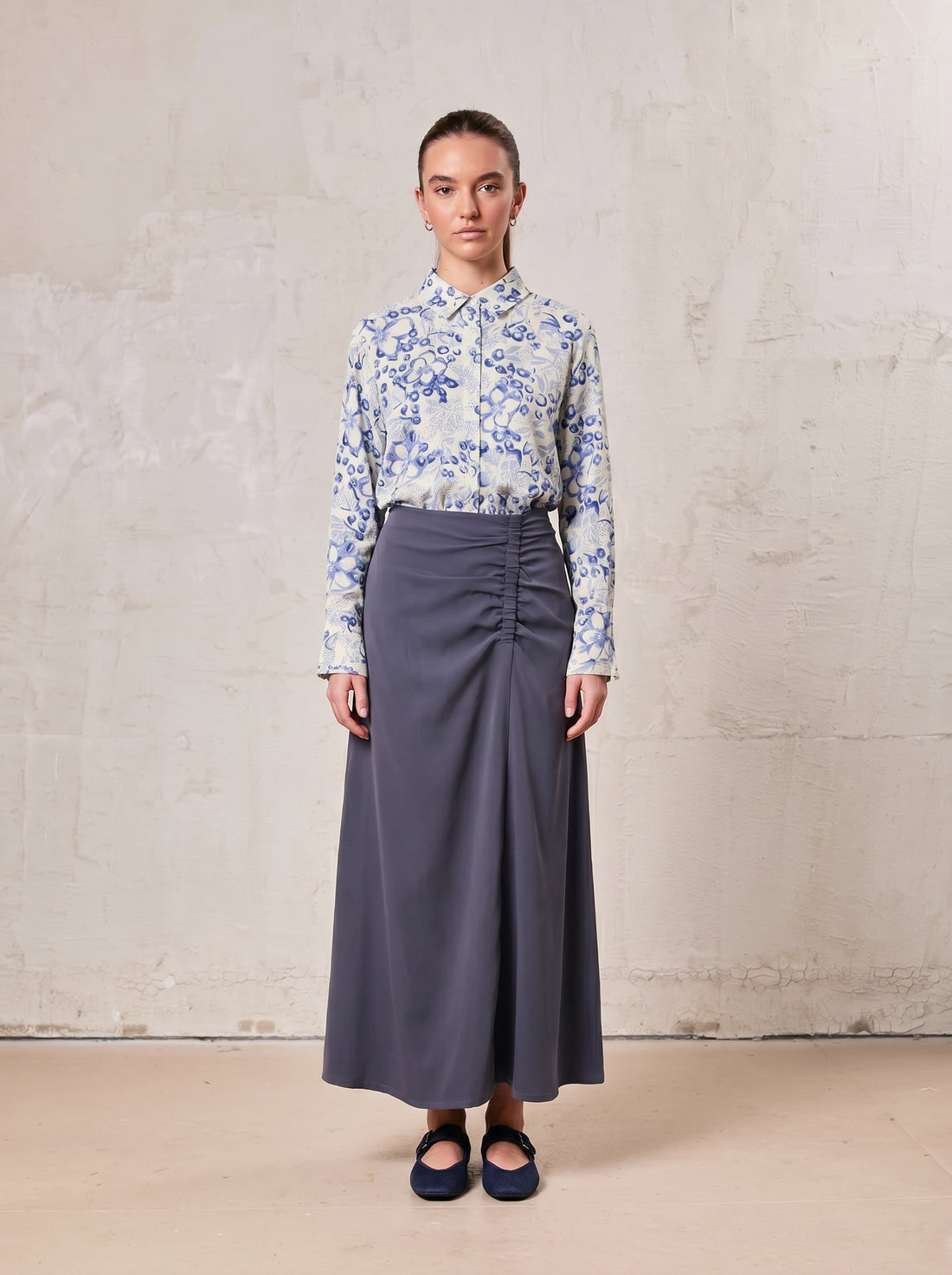 SIDE RUCHED SKIRT-BLUE