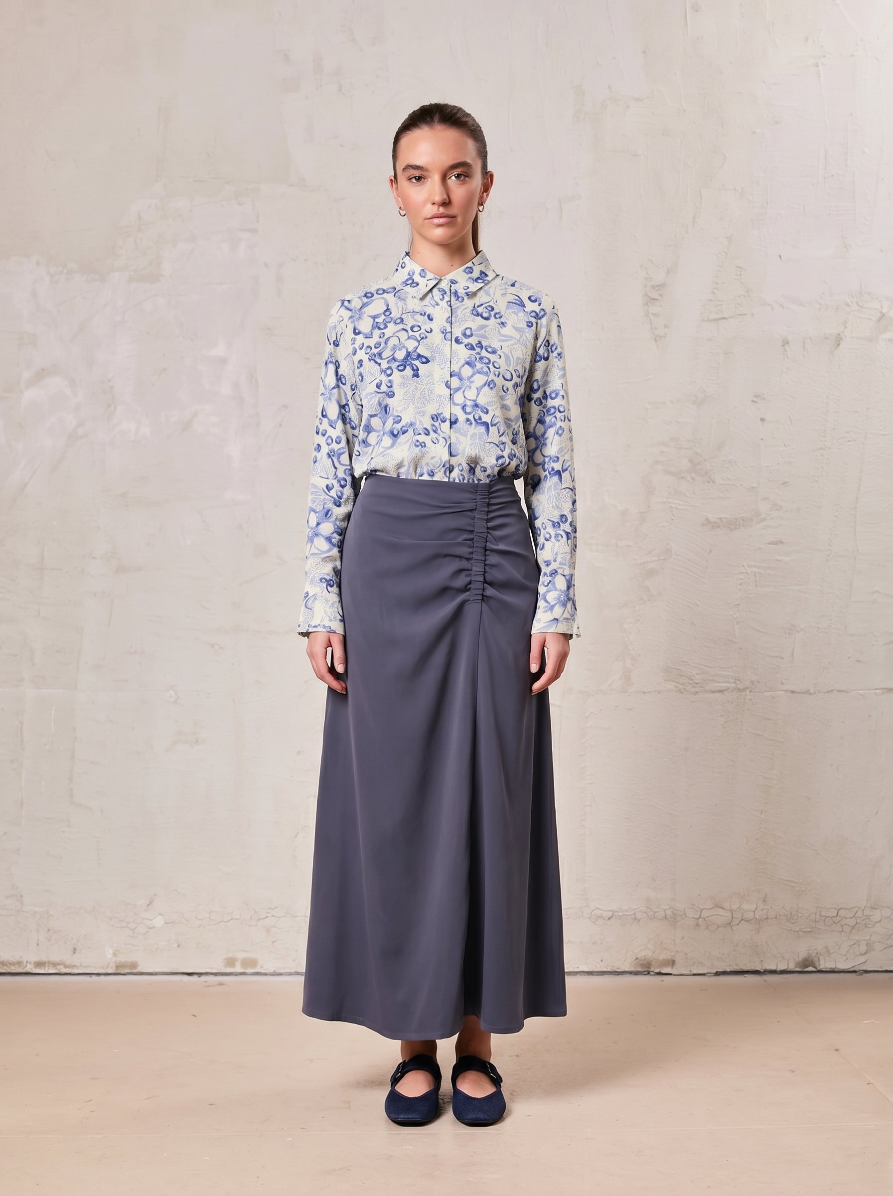SIDE RUCHED SKIRT-BLUE