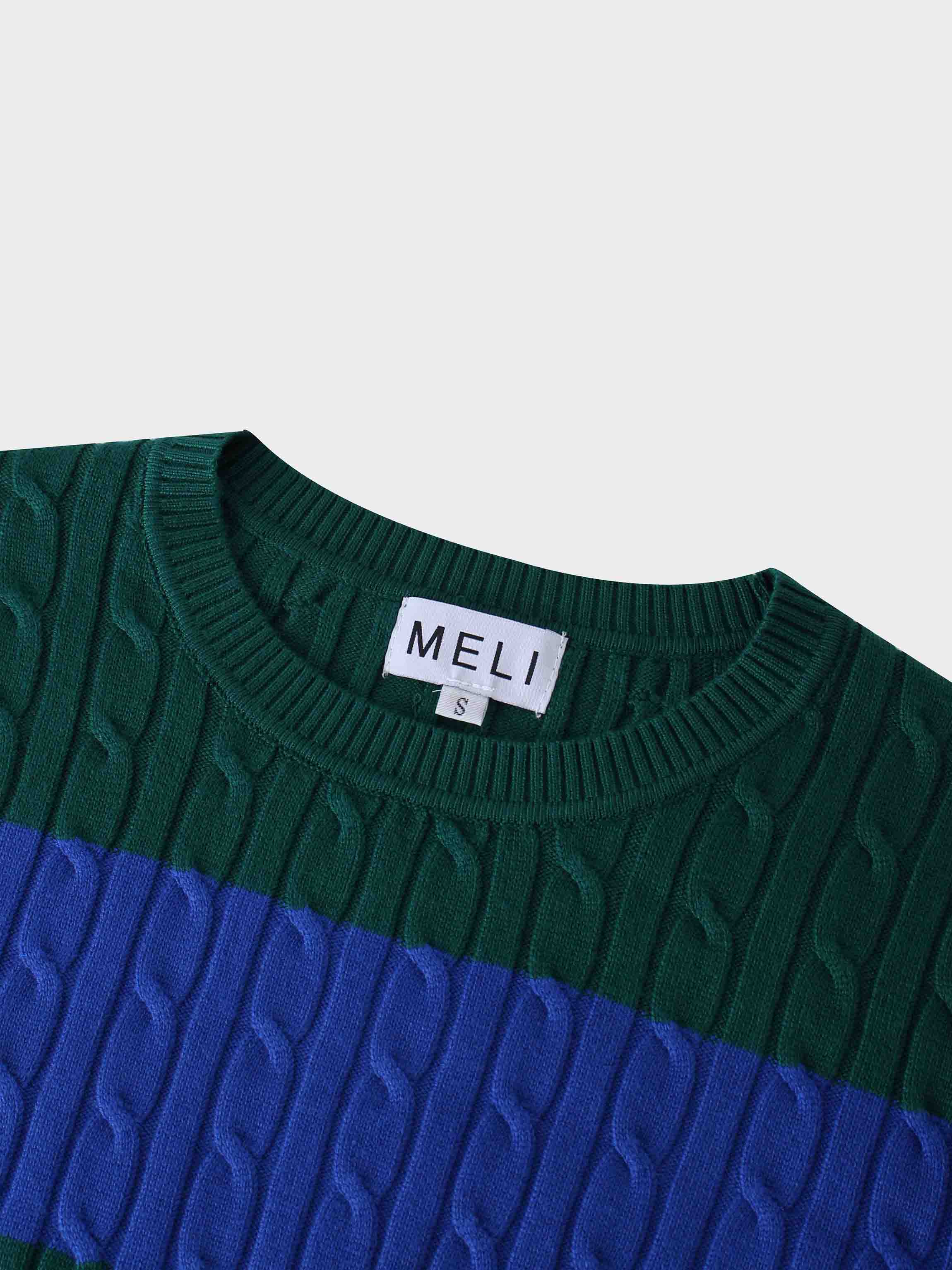 Striped Cable Sweater-Cobalt Blue/Hunter Green