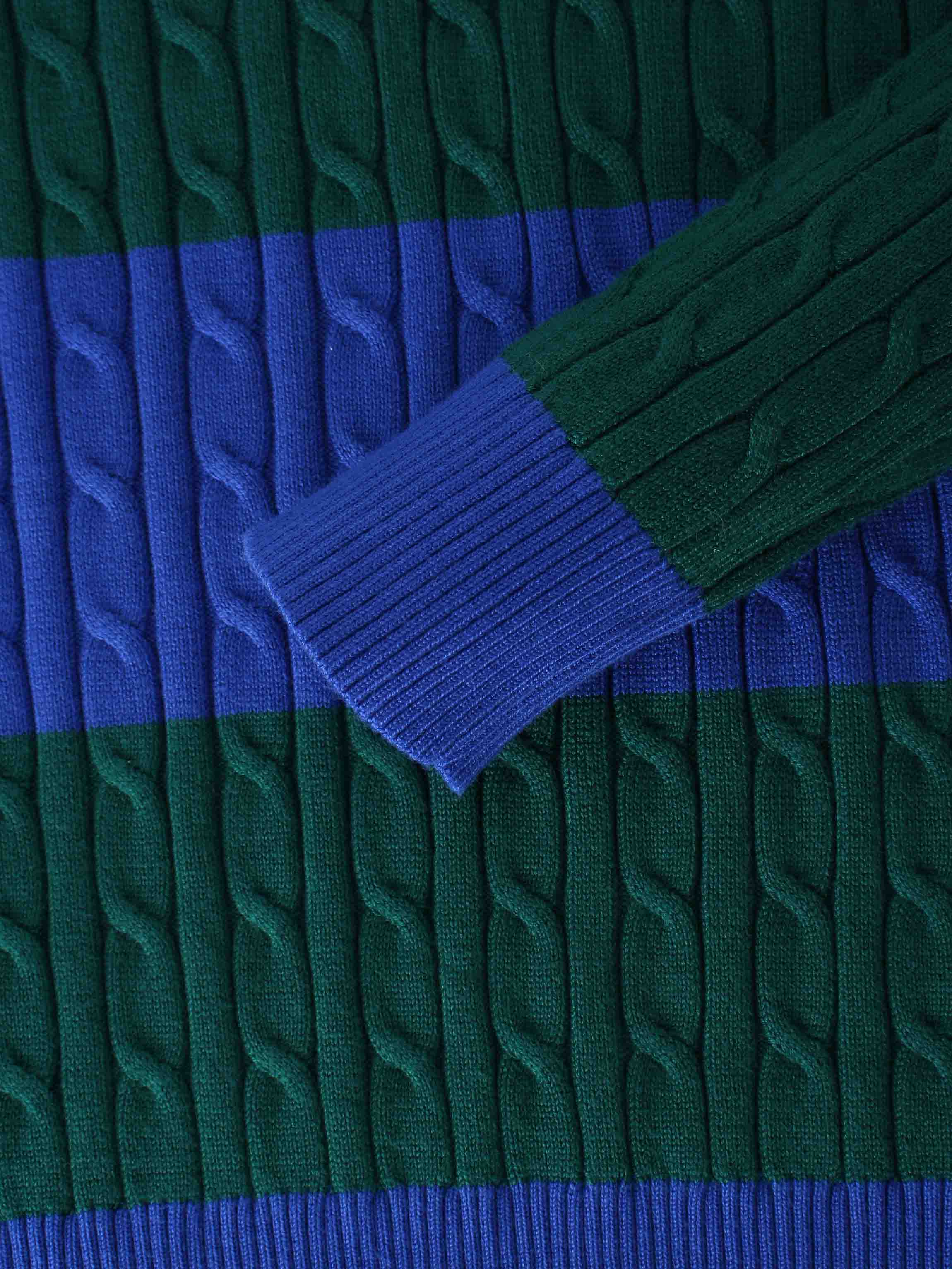 Striped Cable Sweater-Cobalt Blue/Hunter Green