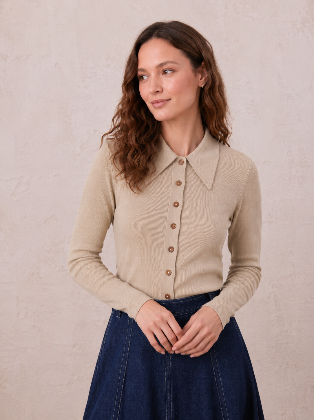 Ribbed Button Down Shirt-Taupe