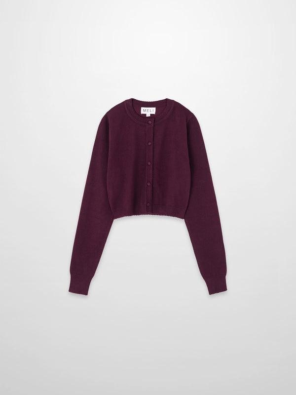Trim Detail Crew Crop Cardigan-Burgundy