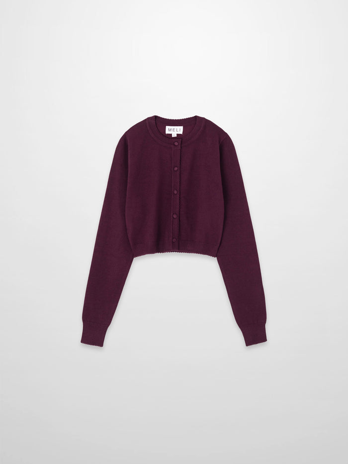 Trim Detail Crew Crop Cardigan-Burgundy