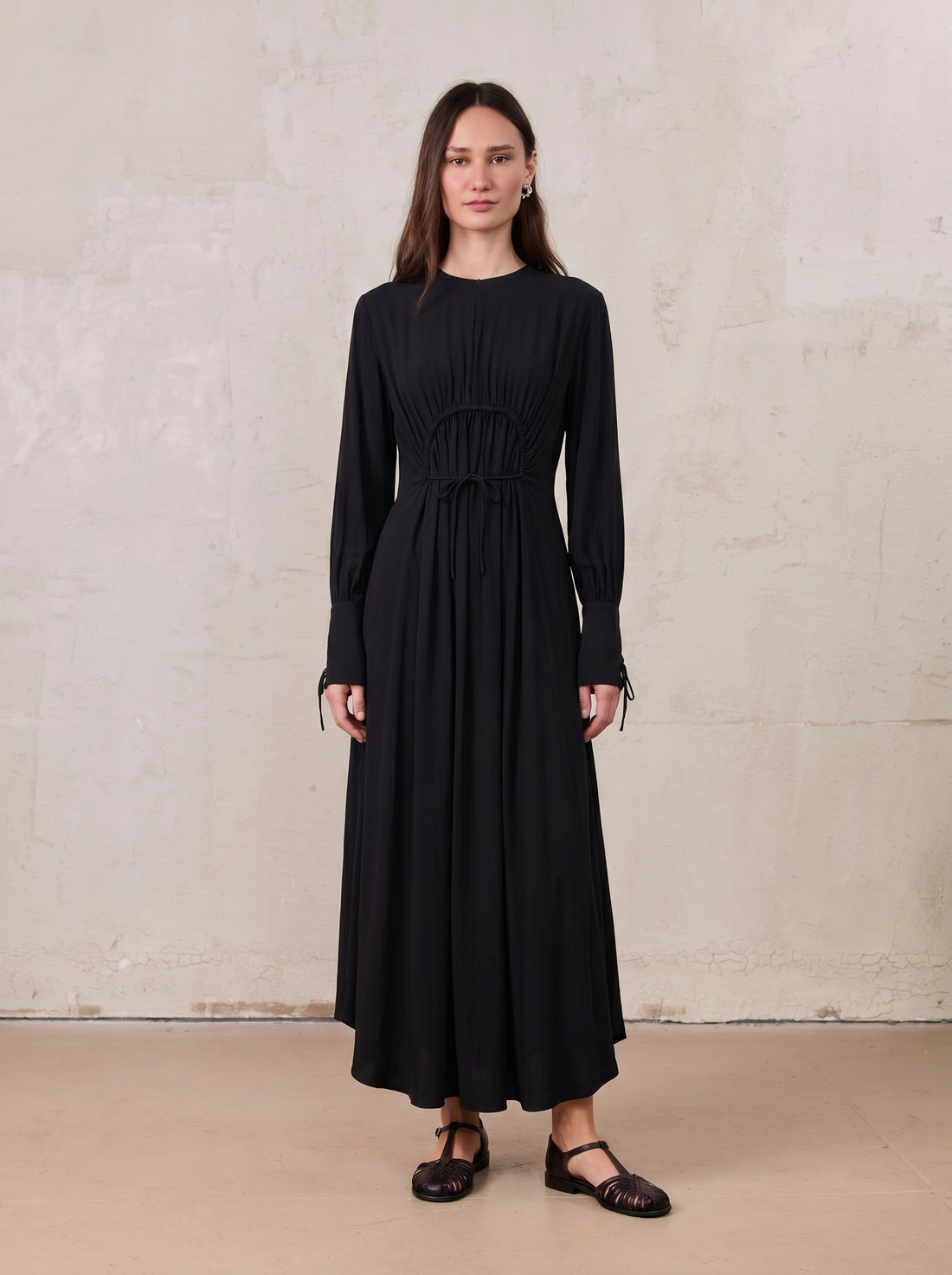 High Waist Drawstring Maternity Dress-Black