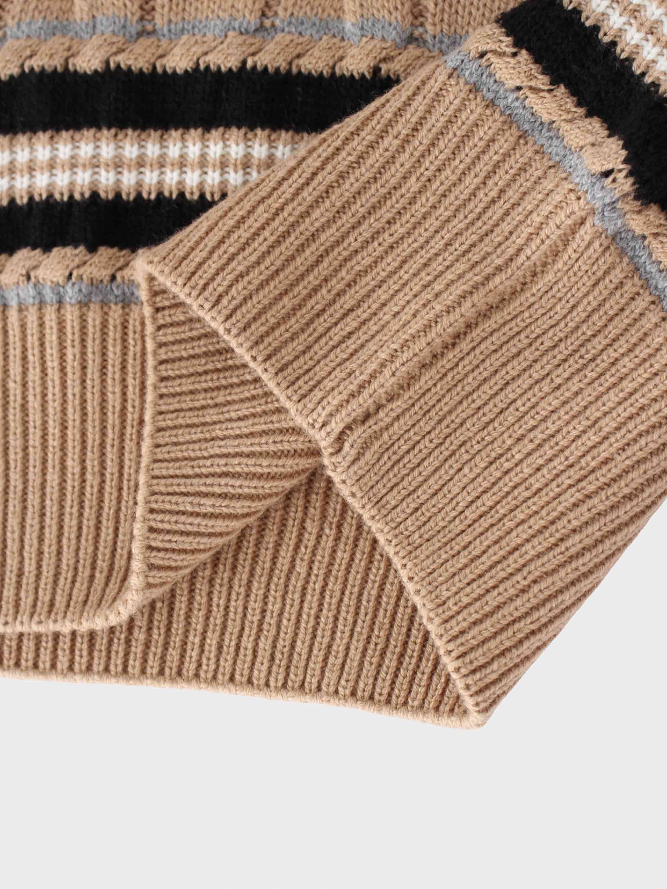 V-Neck Cable Sweater-Tan/Grey