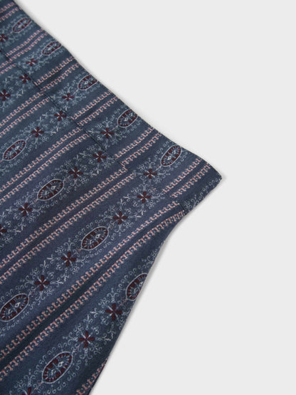 Pleat Bottom Flower Print Skirt-Blue Striped Medallion